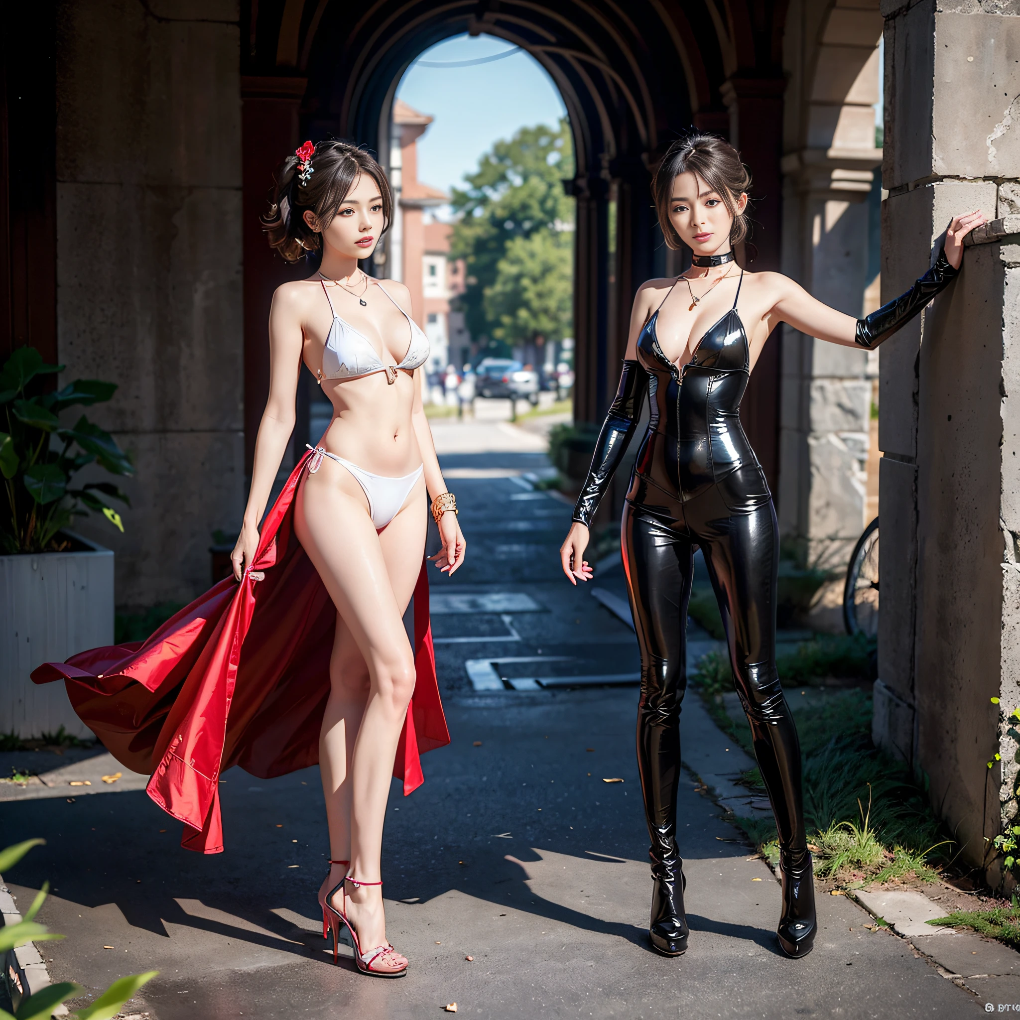 ((masterpiece:1.4)、(top-quality:1.4)、(reallistic:1.7))、a beauty girl、Super sexy girl、Super beautiful girl、((1girl in:1.4))、Shiny natural skin texture、Glossy luxury latex、Luxury Latex Bodysuit、Very revealing sexy outfits、By Luis Royo、age19、Super Ultra Ultra Bikini、Cute tattoos、(standingn)、(full body Esbian:1.4)、(Two arms:1.4、Two legs:1.4)、(perfect anatomia:1.4)、(Perfect female body:1.4)、Portrait photo of a girl、Soft front light、beautiful countenance、kawaii faces、Beautiful udder、Colossal tits、Beautiful ass、A detailed eye、Draw eyes clearly and beautifully、beautidful eyes、Narrow waist、Raw photo、red-lips、Red high heels、Cute Hair Ornament、a choker、a necklace、耳Nipple Ring、1 screen display、Beautiful girl standing on the ruins of an ancient city