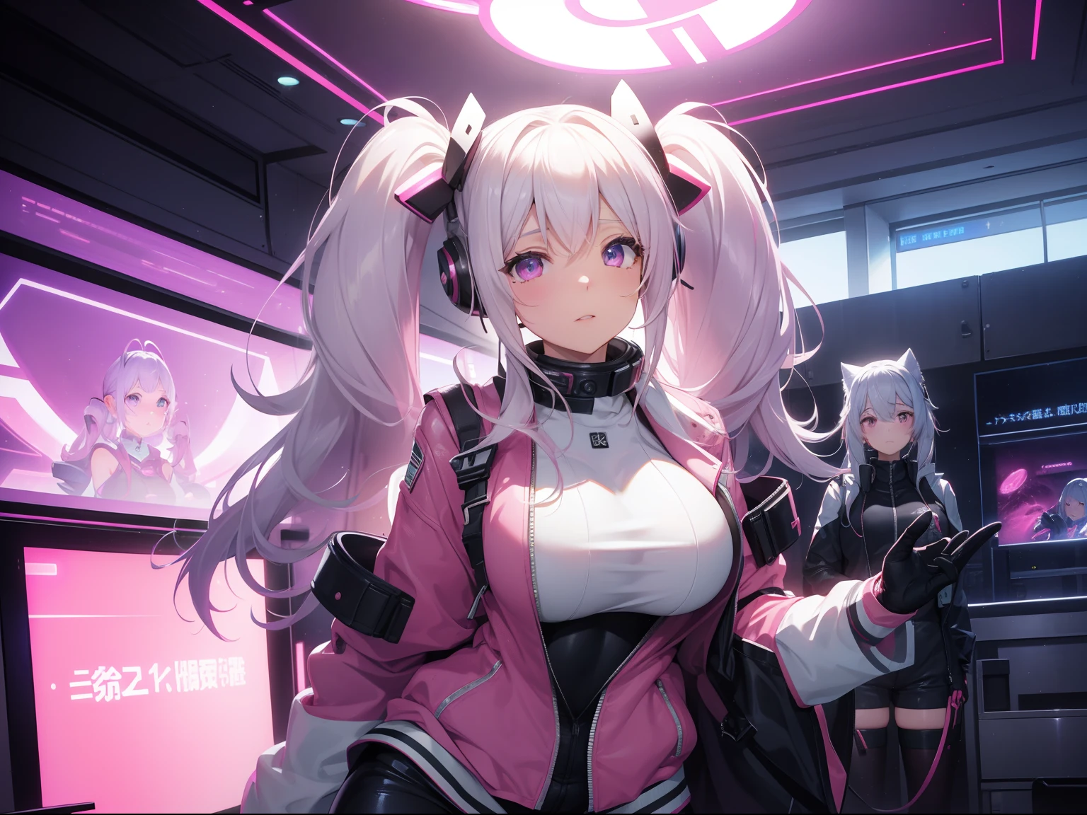 top-quality、超A high resolution、(Photorealsitic:1.4)、Jumpsuit、Sci-fi spaceship interior background、Airy sci-fi shining like mist、8K、CGI、anime waifu、Guweiz、Circuit Plate Mail、frombelow、Mole under the eyes、Pink earphones、large full breasts、Arms behind、Real world、outside of house、Pink Leather Jacket、a closed mouth、Uneven twin tails、white  hair、pink thigh、Naughty face、[[open one's legs]]