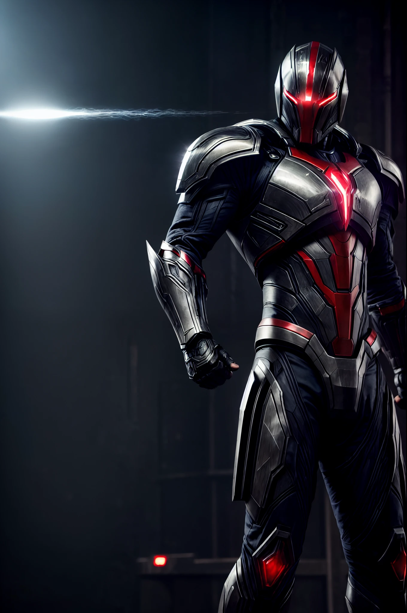 An intricate image of a Futuristic power-suit with armor and ai, that resembles a assasin with skull shaped helmet with glowing ember eyes, Superhero landing pose, micro-details, photorealism, one light, dark photo, deep shadows, shallow depth of field, photorealistic, Surrealism, high quality, masterpiece, 8k, 8k, super detail, full body portrait, extremely muscular, scratched, dented, battle scars, flying with his boosters