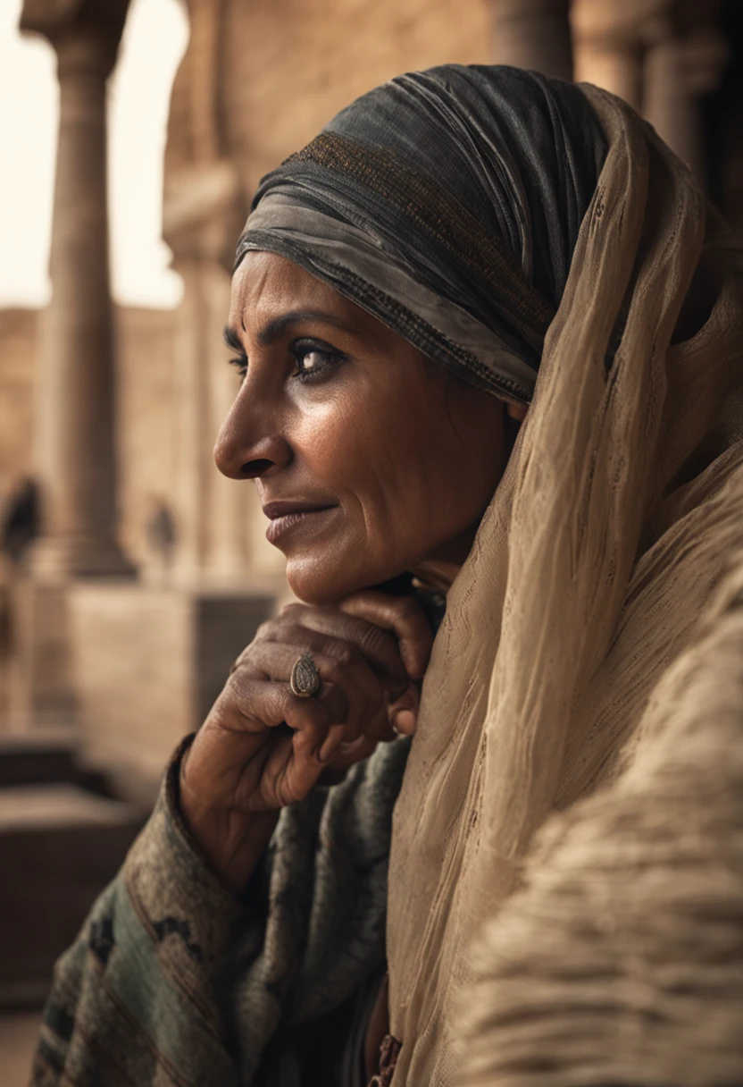 close-up of arab WOMAN of ancient times, very realistic , cheveux noirs avec turban, Texture naturelle de la peau, 24 mm, Textures 4k, soft cinematic light, Photo brute, photorealism, photoreallistic, complexe, elegant, highly detailed, mise au point nette, ((((((cinematic look)))), tons doux, insane detail, Intricate details, hyperdetailed, Faible contraste, soft cinematic light, couleurs sombres, exposure blend, Hdr, faded