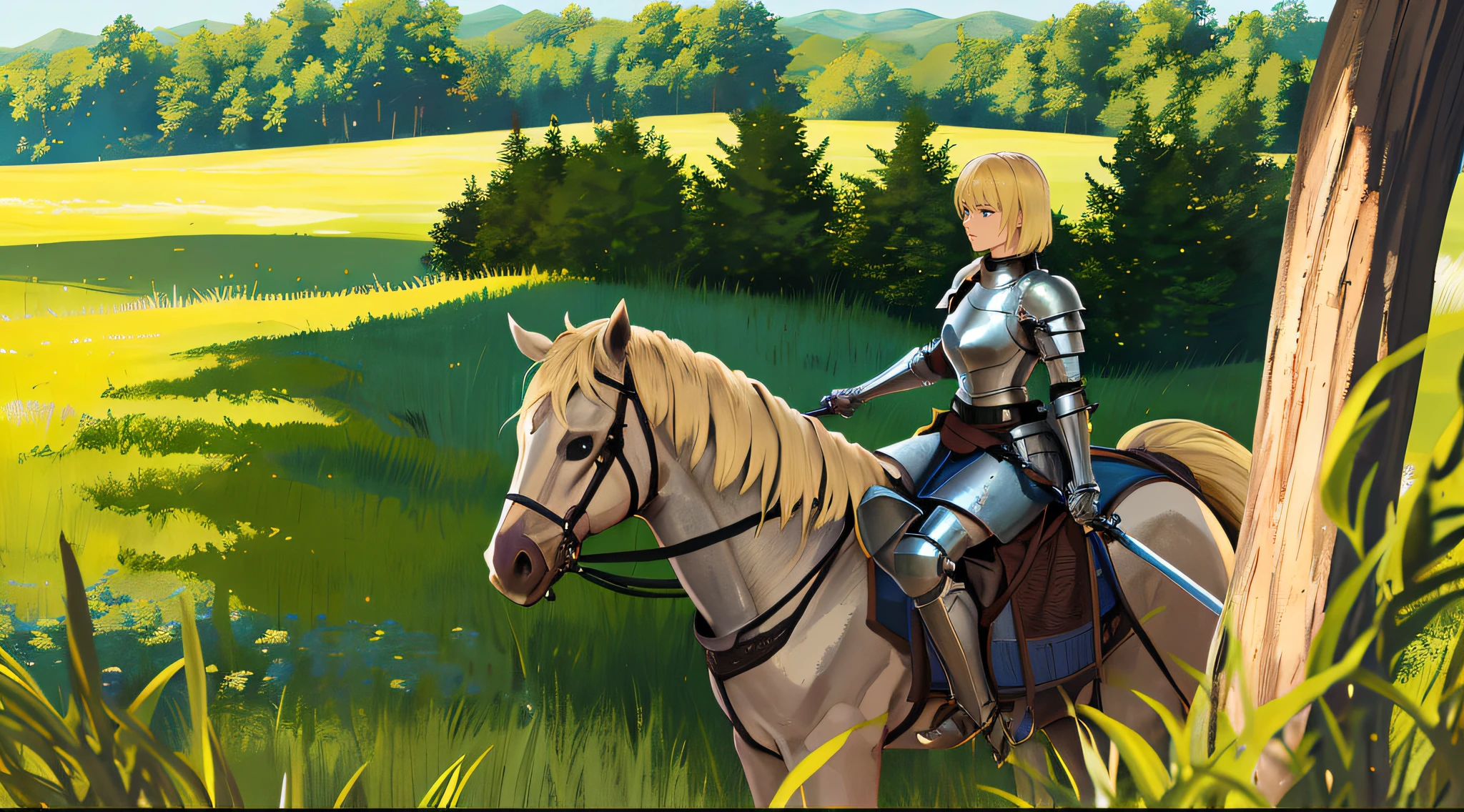 A beautiful and mighty blonde female knight is holding her sword and preparing herself for a great battle with her enemies It was surrounding her in a flat land of grass and trees in the background, sunny day, sunlight, wide-angle camera, panoramic view, high definition, ultra resolution, intricate details, volumetric light, dynamic composition, masterpiece