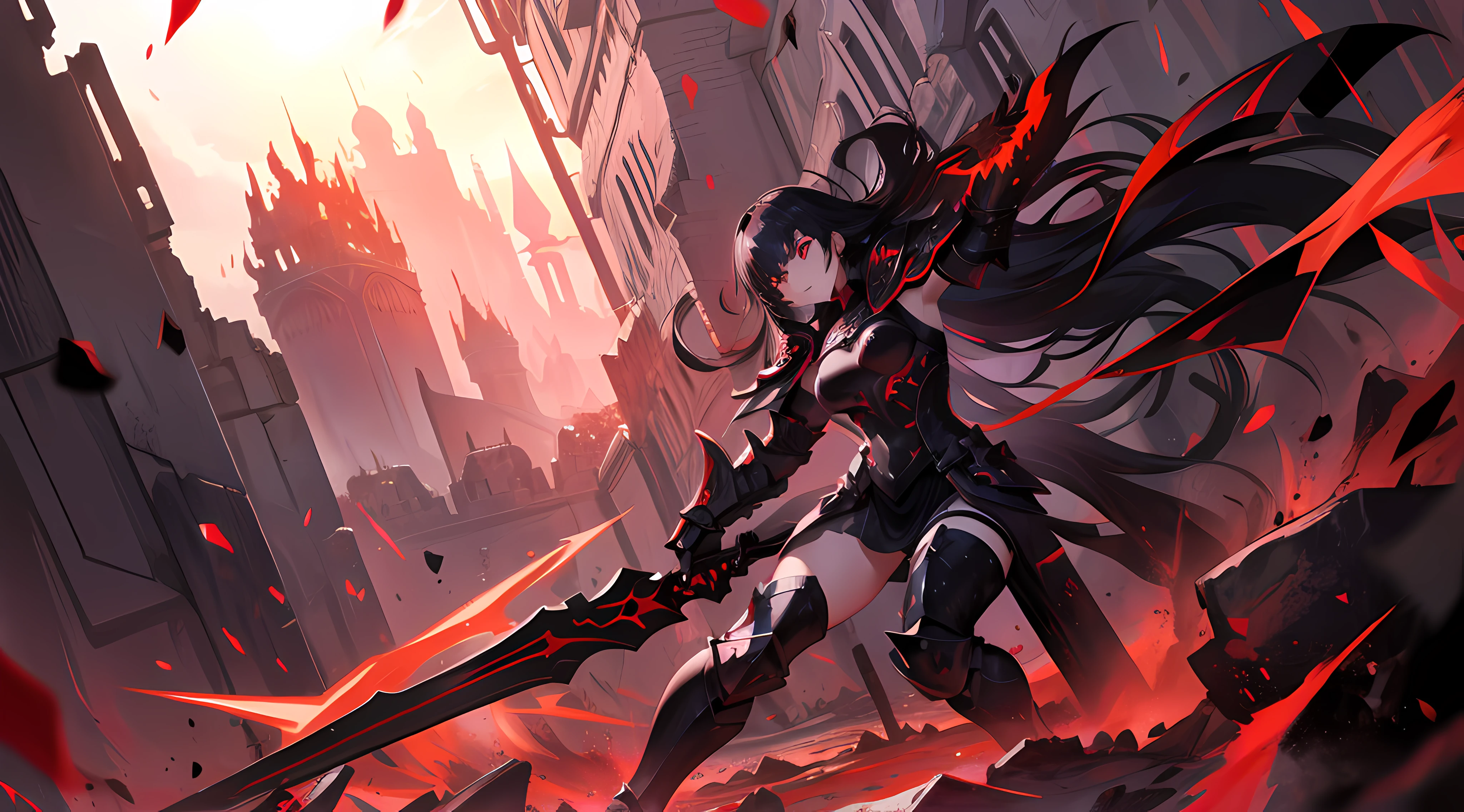 "A warrior wearing black heavy armor in a destroyed kingdom, com uma aura vermelha ao redor, alta qualidade, 4k, capa preta"