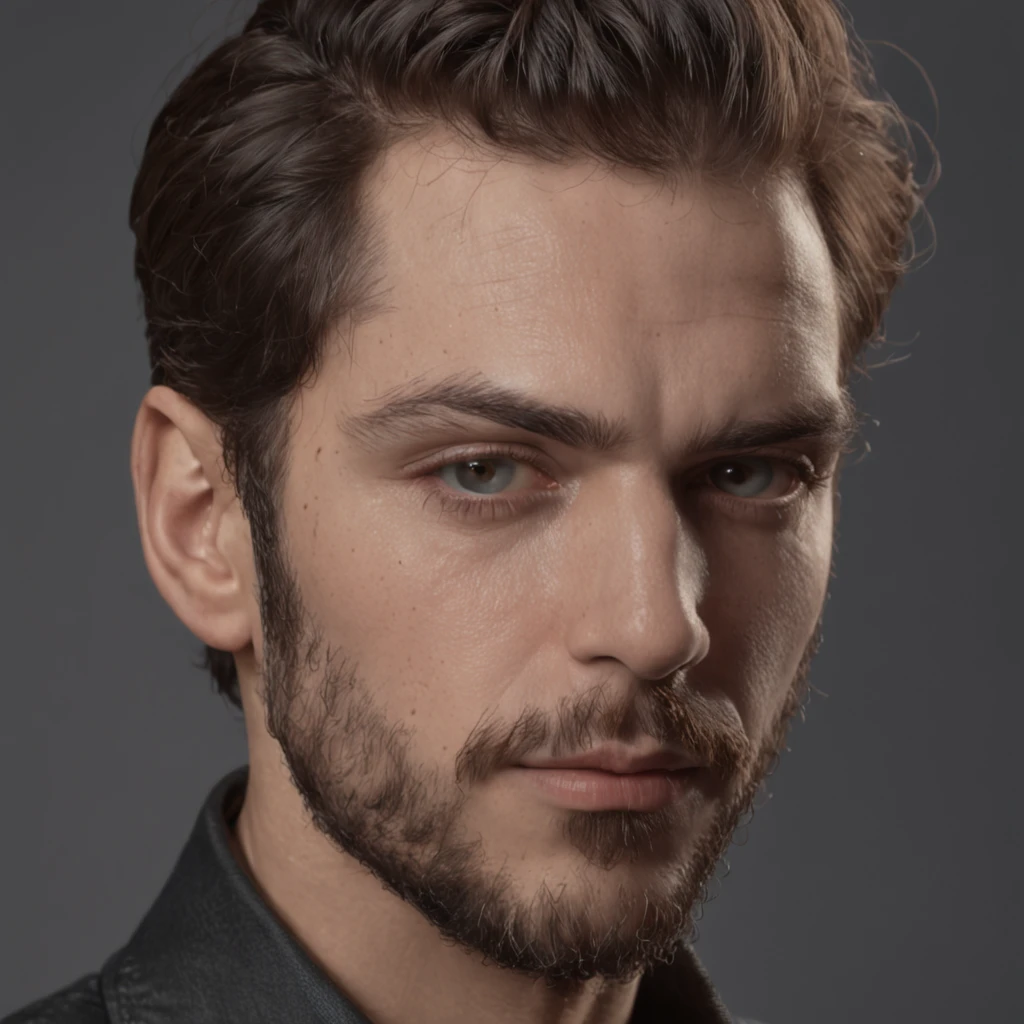 (Professional 3D rendering:1.3) de (Realistic:1.3) foto de arte mais bonita do mundo,soft features, brilliant male heroes, ((look short wavy hair 2b, Short beard and fierce expression)), corpo inteiro 8k unidade render, action shot, poros da pele, very dark lighting, sombreamento pesado, circunstanciado, Rosto detalhado, (Vibrando, fotografia realista, Realistic, Dramatic, Escuro, foco nítido, 8k), (Roupas de couro velhas danificadas pelo mau tempo:1.4), ((((Use peles)))), (intrincado:1.4), decadente, (altamente detalhado:1.4), Pintura digital, rendering by octane, art stations, conceito-arte, liso, foco nítido, , germe da arte, (Loish:0.23), (global ilumination, studiolight, light volumetric), patife, CGSesociedade,art stations, sobretudo marrom com detalhes realistas, sobrevivente