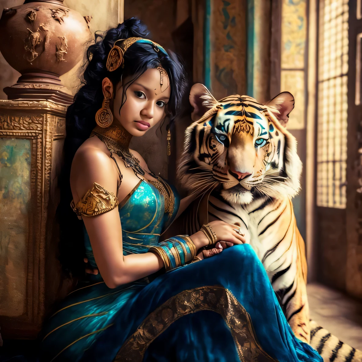 mulher arafed em um vestido azul sentado ao lado de um tigre, mulher linda, Magali Villeneuve», Princesa africana deslumbrante, por Kerembeyit, Princesa persa, arab princess, Egyptian Princess, inspirado em Magali Villeneuve, mulher deslumbrante, retrato bonito da arte da fantasia, gorgeous goddess of leo, Indian Goddess, amazing fantasy art, arte de fantasia hiperrealista
