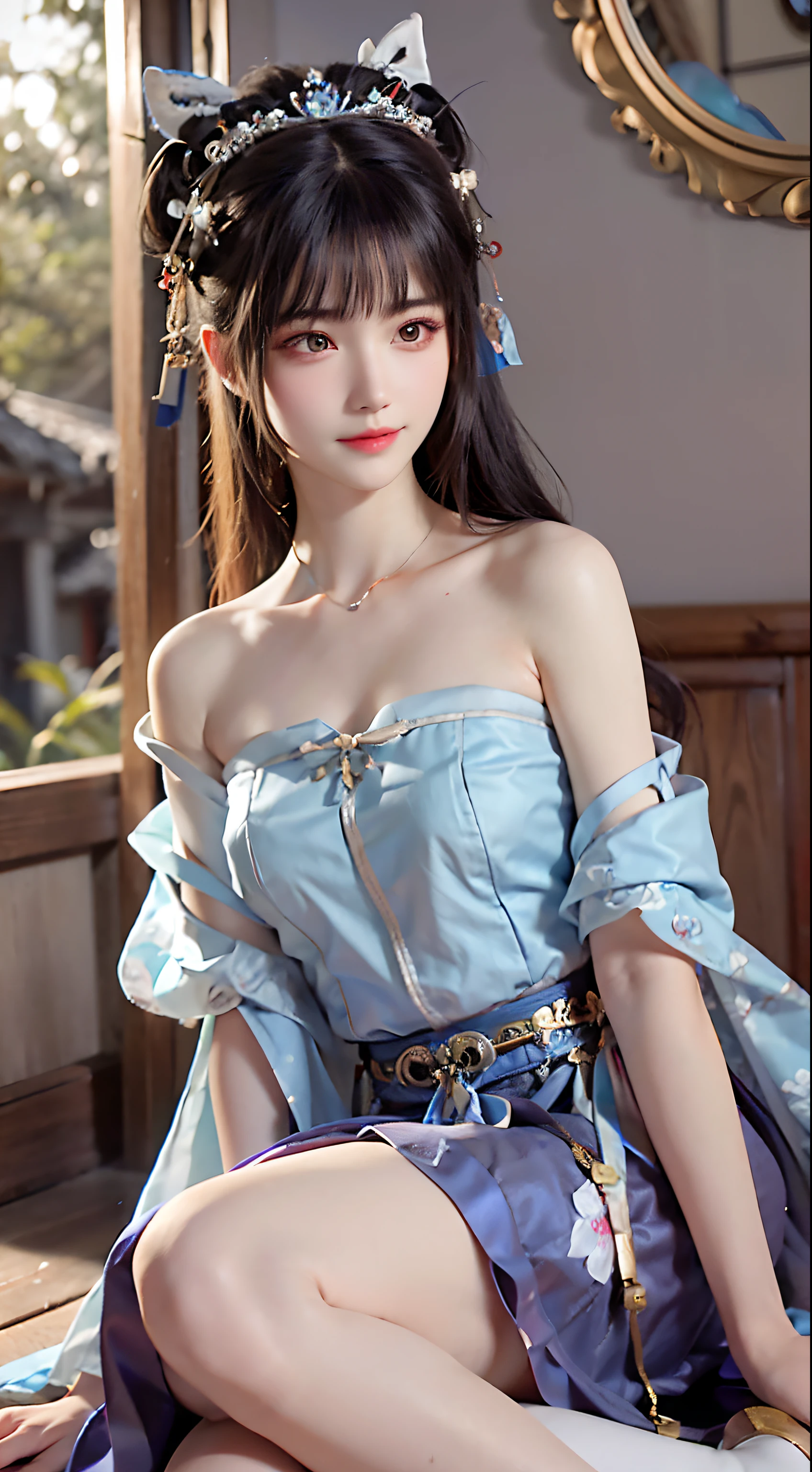 Close-up of a woman in a blue dress sitting on the floor, Anime girl cosplay, Anime cosplay, full-body xianxia, Hanfu, a beautiful fantasy empress, Keqing from Genshin Impact, cosplay, zhongli from genshin impact, Palace , A girl in Hanfu, Gorgeous Role Play, ((a beautiful fantasy empress)), Costume with blue accents