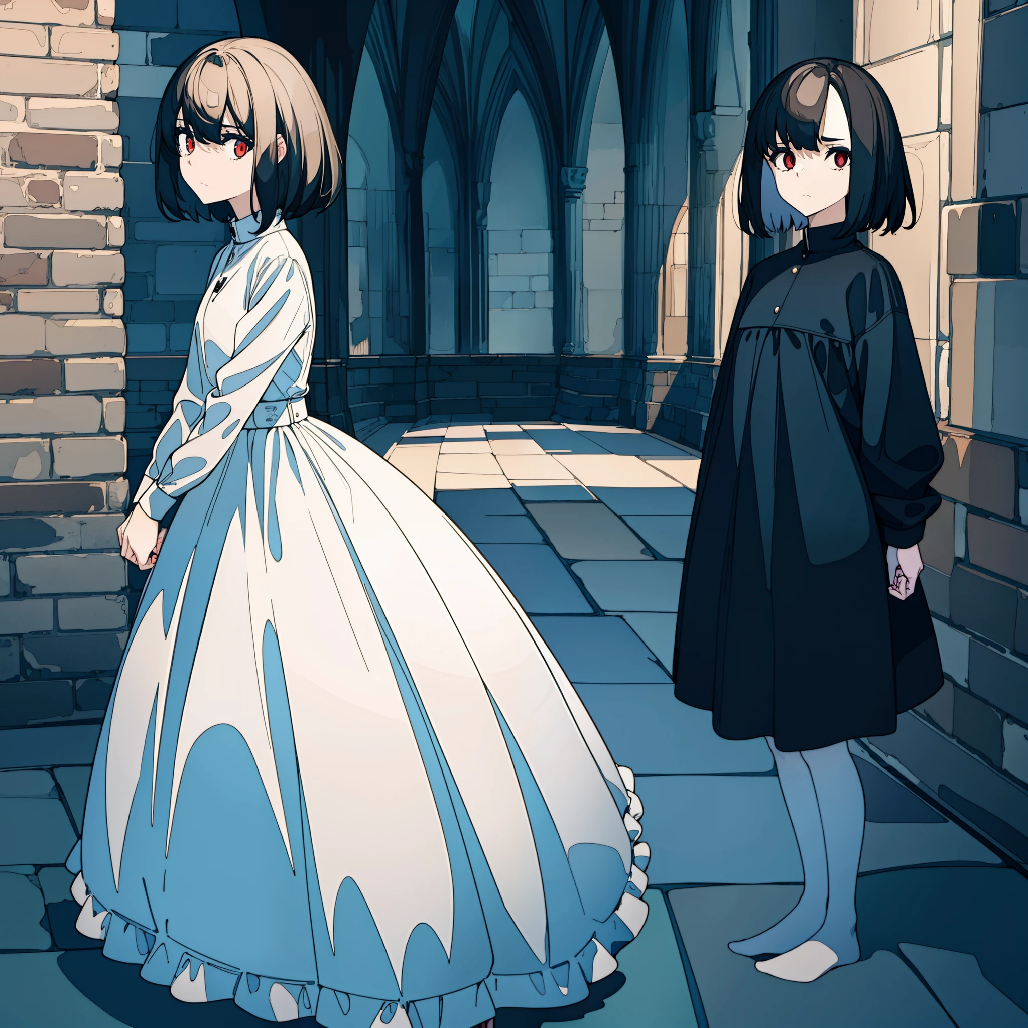 (One  girl, age 14  stature. Thin body. pale skin with black hair, Short Hair Hair. White. red tired eyes, Dark white gothic dress. bags under eyes, Lots of eye shadow, A frown on his face with a contemptuous look from above. looks at the viewer. Against the background of the gloomy brick walls of the castle room