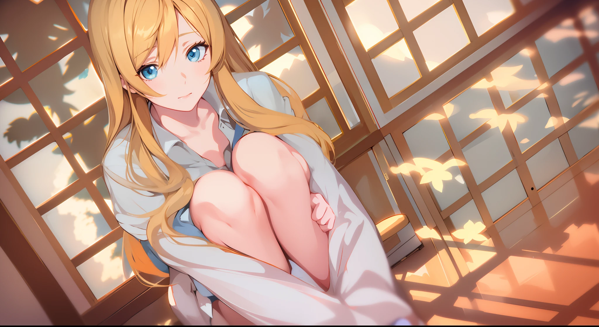 Anime style, Girl sitting on the floor in front of the window, seductive anime girl. soft-lighting, blonde anime girl with long hair, marin kitagawa fanart, beautiful anime girl squatting, with long hair, the anime girl is crouching, smooth anime cg art, painted in anime painter studio, beatiful face , Cyan eyes, properly proportioned