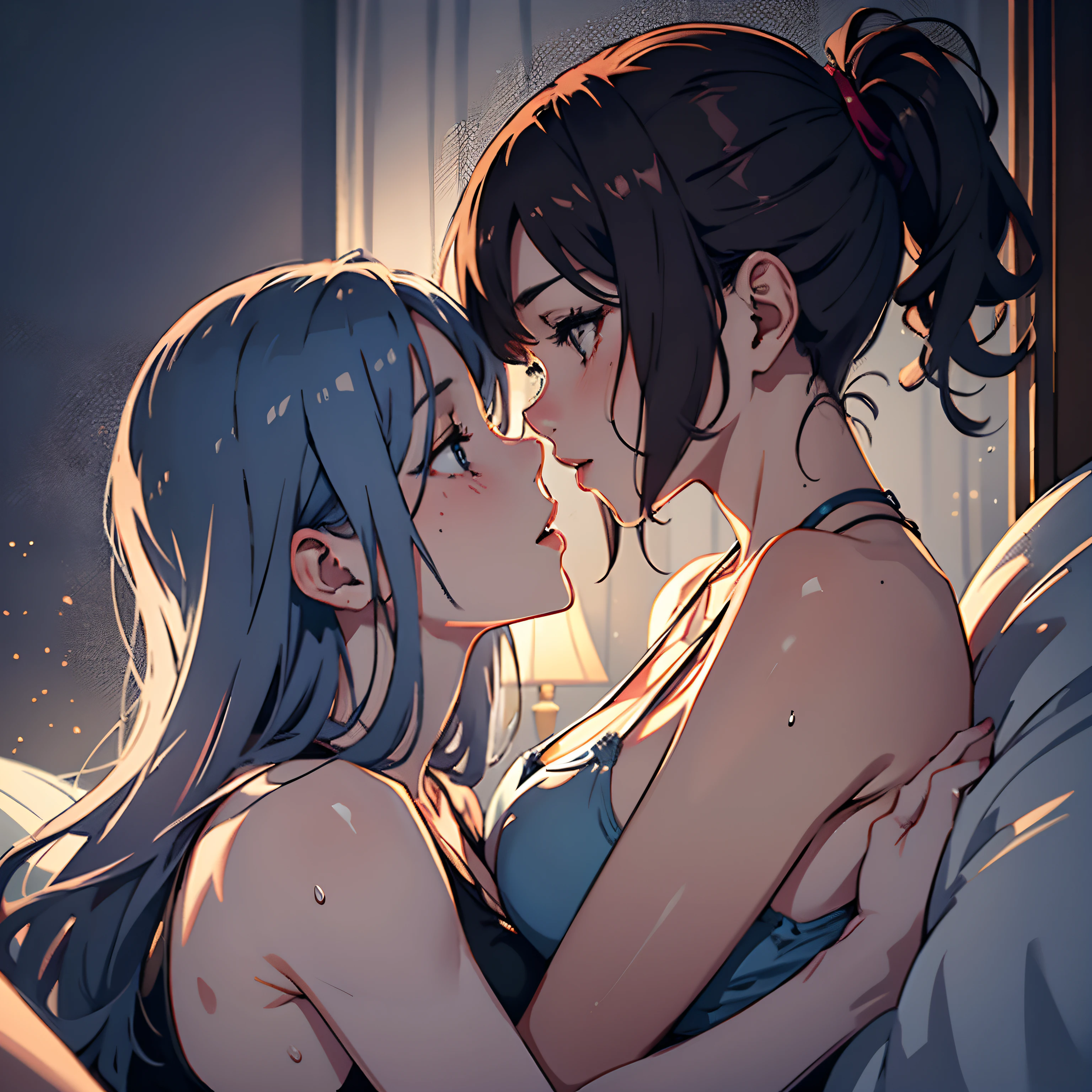 Two lesbian girls kissing, bare shoulders and neck, sweaty, hot, hugging, sexy, lustful, moaning, pleasure, bedroom, bed, in bed, dark room, one lamp, lying down, facing each other