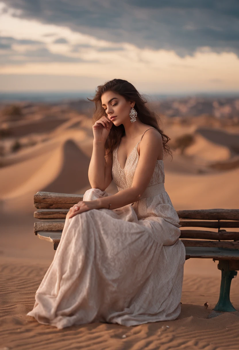 plump woman in a dress sitting on a bench in the desert,  soft 8k portrait photo, graceful sensual young woman, soft and intricate, ethereal beauty, close-up half body, beautiful young model, anna nikonova aka like newmilky, close up body shot, sensual young woman, beautiful delicate face, in the sand, big breasts, falling dress, glamorous photography 4k