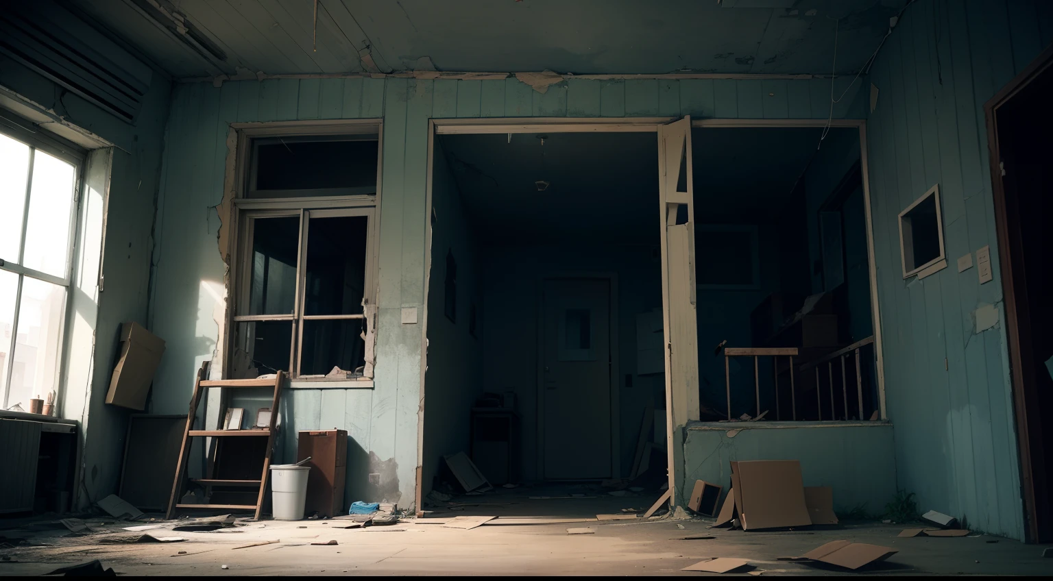 Image of the abandoned house at the end of the street, shrouded in shadows and with broken windows.