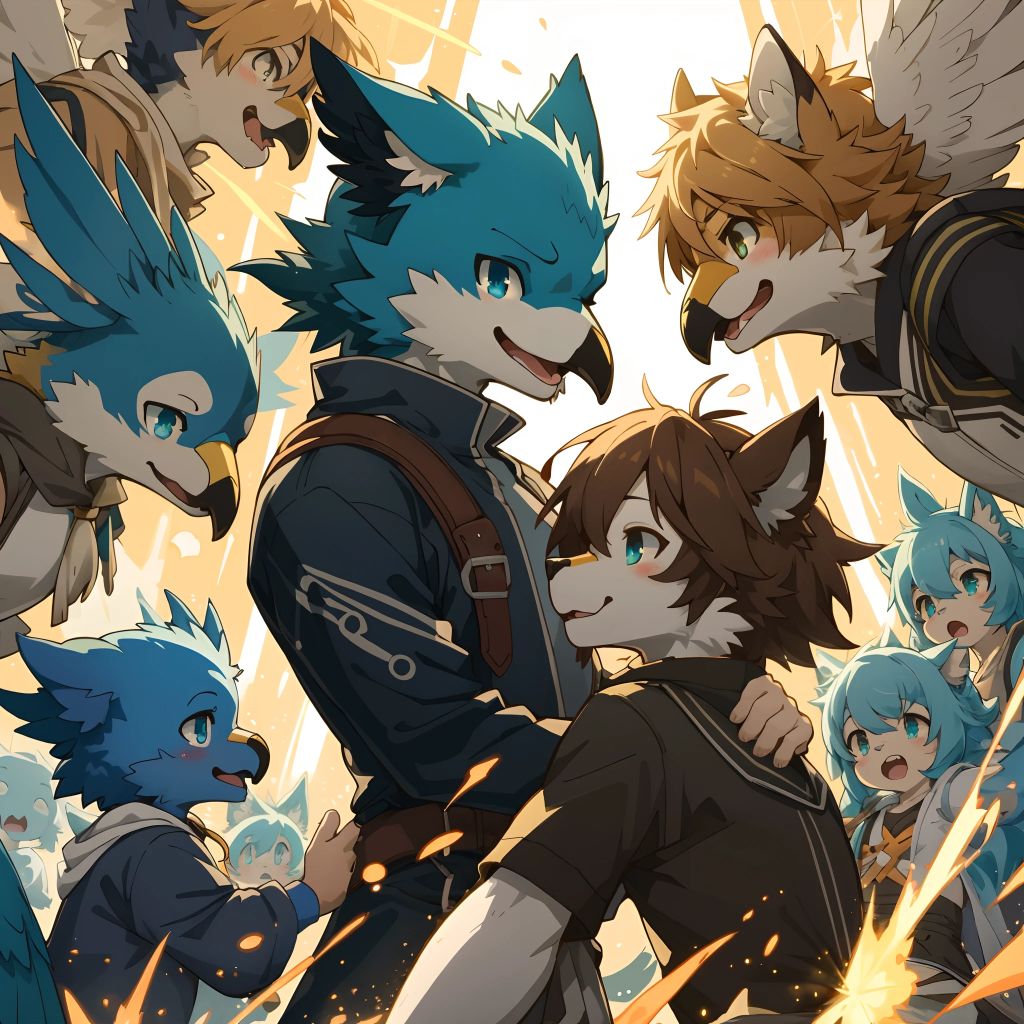 top quality, best quality, High-quality illustrations, masterpiece, super high resolution, detailed background, Blue sky((movie of bird creatures and human child)), 6+boys, 6+girls, absurdres(highly detailed beautiful face and eyes)perfect anatomy, expression, caustics, light rays, dynamic lighting, light particles, lens flare, cinematic shadow(kemono, furry anthro)assorted poses, dynamic angle,