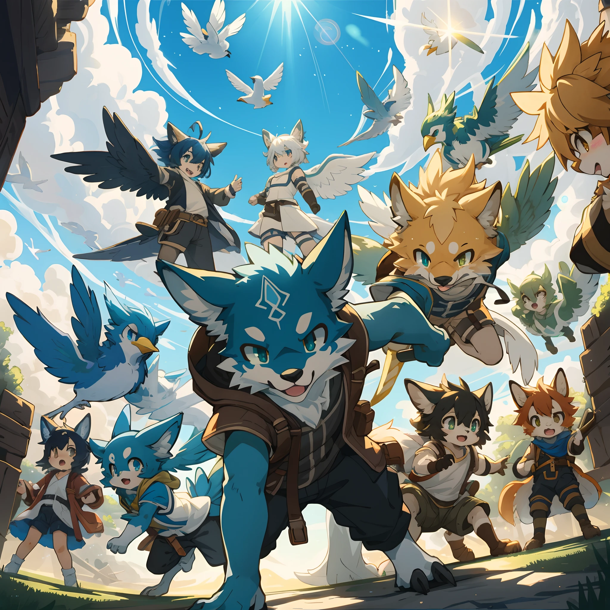 top quality, best quality, High-quality illustrations, masterpiece, super high resolution, detailed background, Blue sky((movie of bird creatures and human child)), 6+boys, 6+girls, absurdres(highly detailed beautiful face and eyes)perfect anatomy, expression, caustics, light rays, dynamic lighting, light particles, lens flare, cinematic shadow(kemono, furry anthro)assorted poses, dynamic angle,