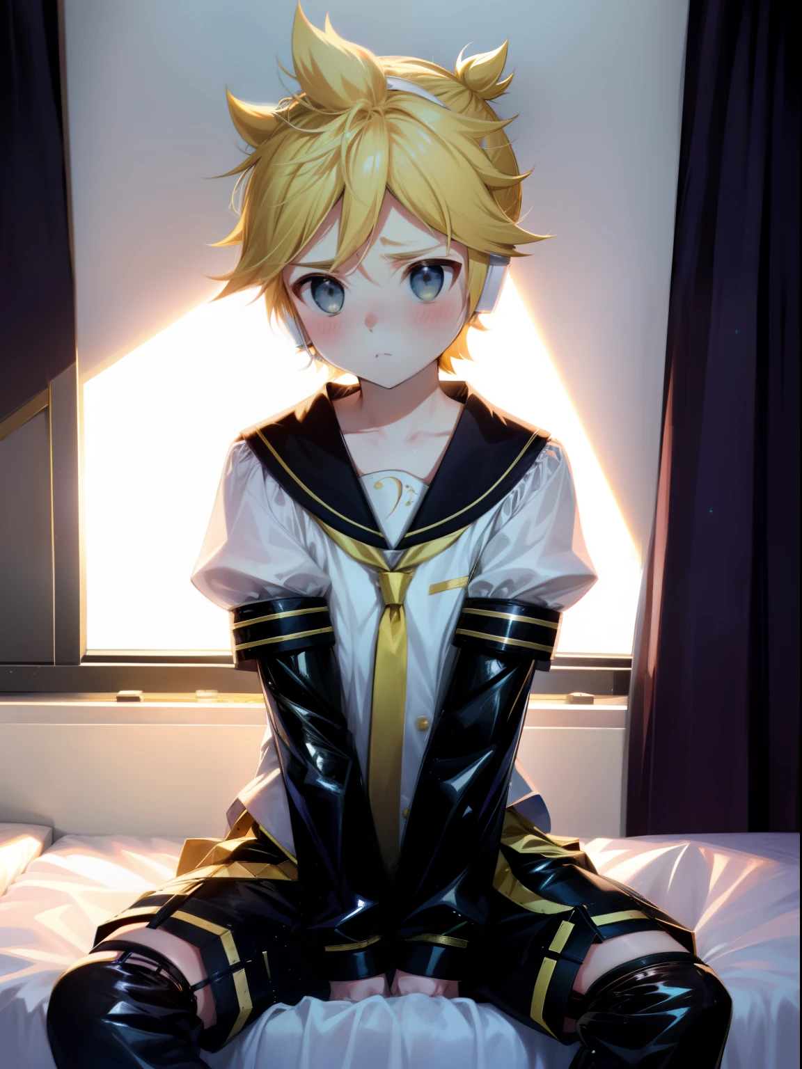 best quality, ultra precision, one boy, (Len_Kagamine), blond hair, shota, cowlick, on bed, character focus, black short pants, sailor uniform, your cute boyfriend, innocent, slender, sitting, blush, embarrassed, shy, sexual pleasure, (nsfw), touch crotch, (sex), o-face, ()