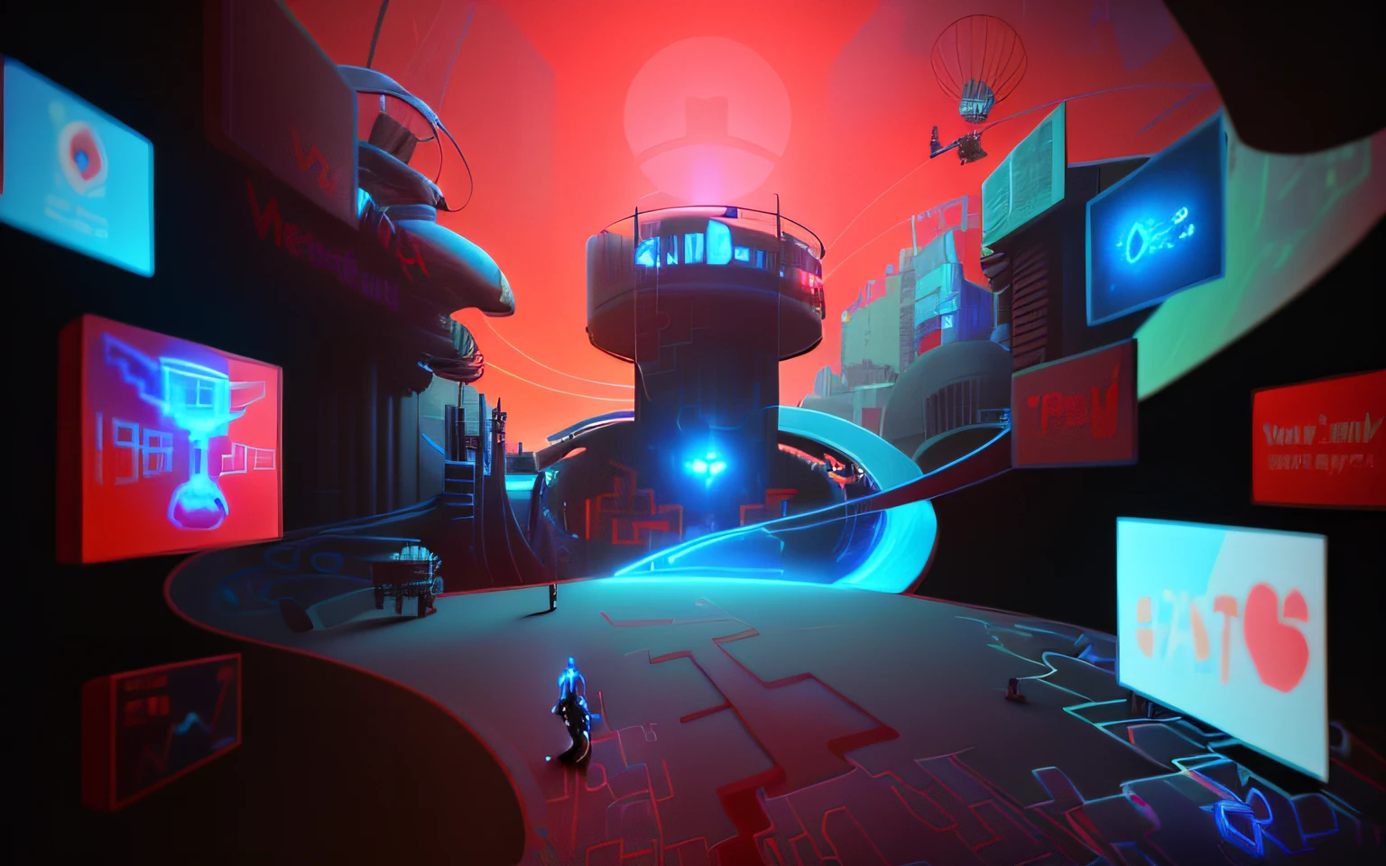(((red and blue))) sci-fi and future city with many (hologram signs), metaverse concept art, virtual metaverse room, concept illustration, establishing shot, virtual reality metaverse engine, by Sebastian Vrancx, the encrypted metaverse, commercial illustration, by Kuno Veeber, cybernetic city background, bank, metropolis background, deeper into the metaverse we go, the metaverse