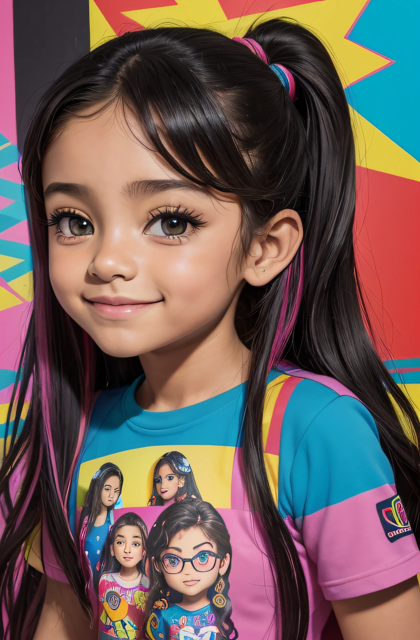 5 year old girl dressed in a fuchsia metallic round neck polo and blue jeans, in the hands long colored strips