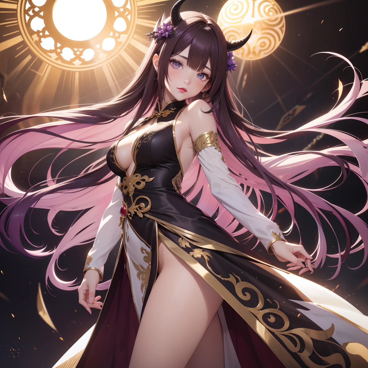 Woman, messy light brown long hair with a purple tint, dragon horns and tail, white and black Chinese dress with tight-fitting elements on her arms and legs, gold divine light, God's gaze, a sun circle behind her back, indifferent and cold gaze, light lipstick, light eyes