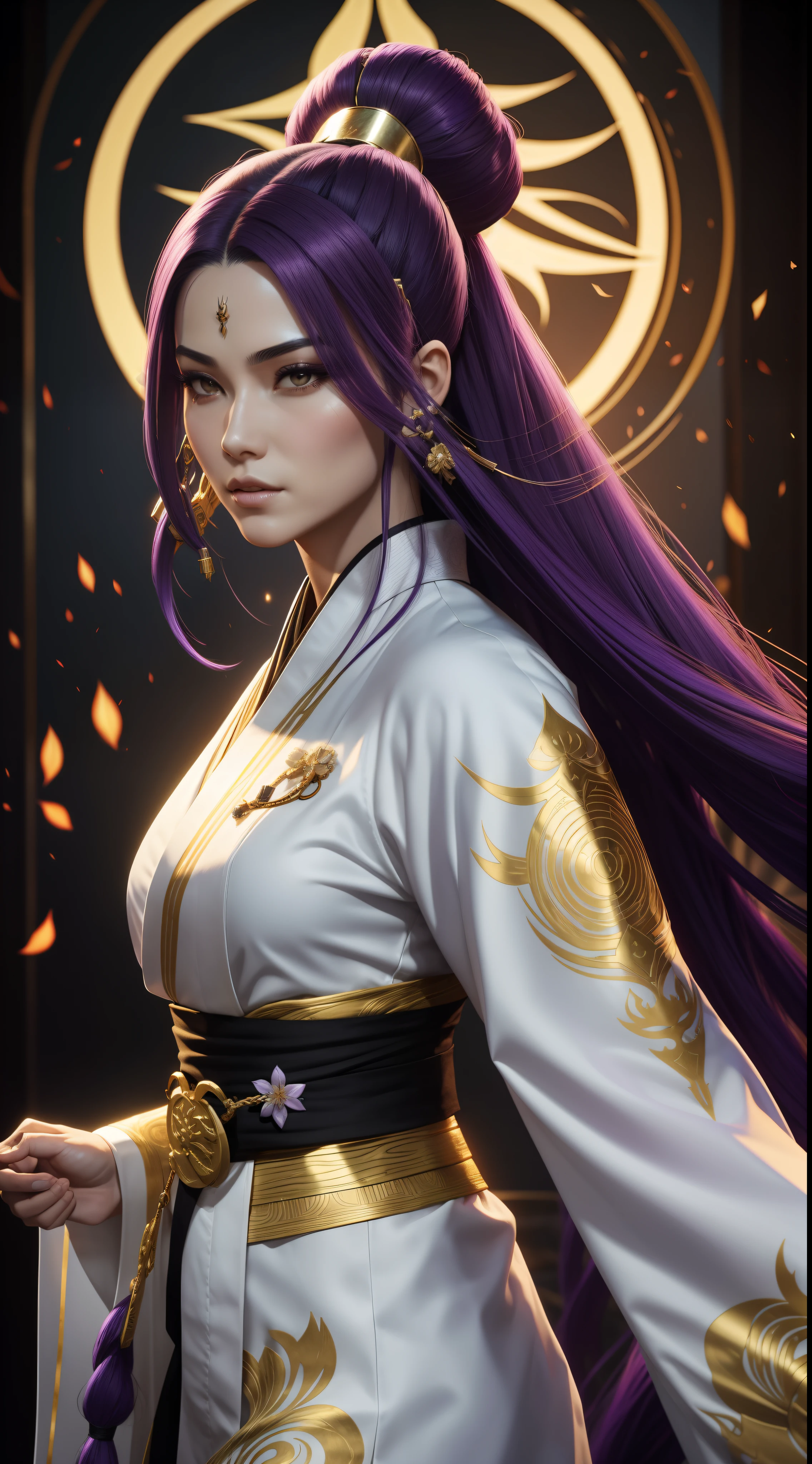 A beautiful woman with long purple hair wearing a white kimono with gold details who is a master of martial arts in the mortal kombat 11 style