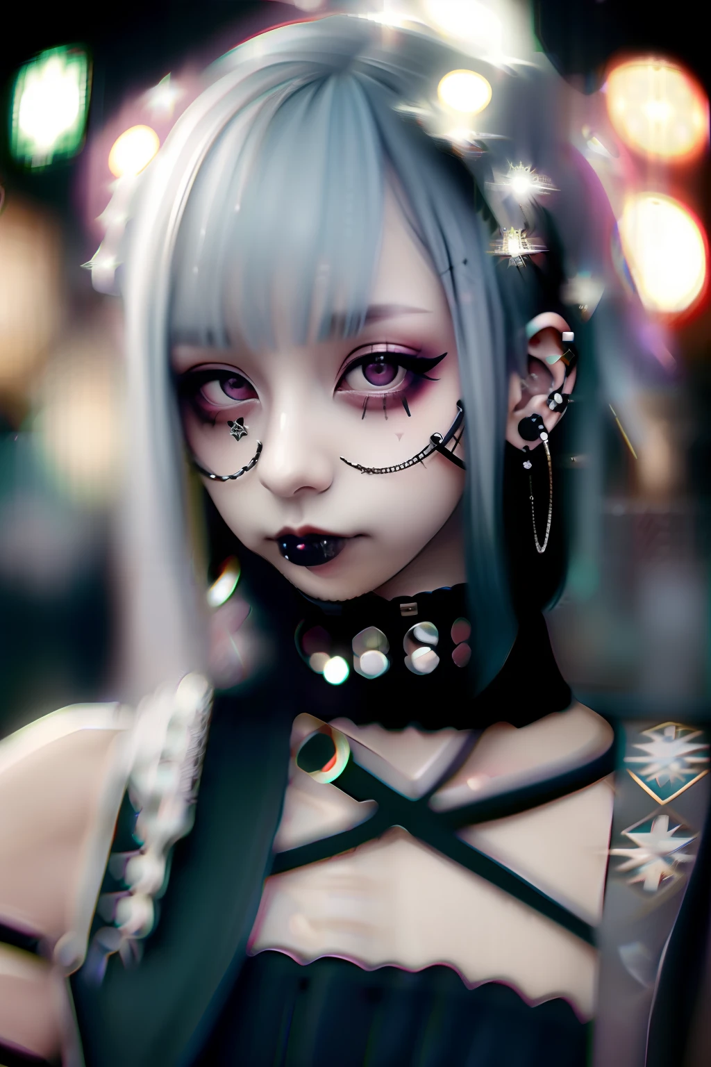 goth_punk, 1girl, solo, medium shot, walking in harajuku, ((night time)), bokeh, neon light, iridescent eyes, starry sky, white shimmer hair, white eyebrow, glowing hair, (iridescent white hair), earrings, bangs, jewelry, mask, blunt bangs, green eyes, mouth mask, blurry background, blurry, hair ornament, looking at viewer, short hair, portrait, sidelocks