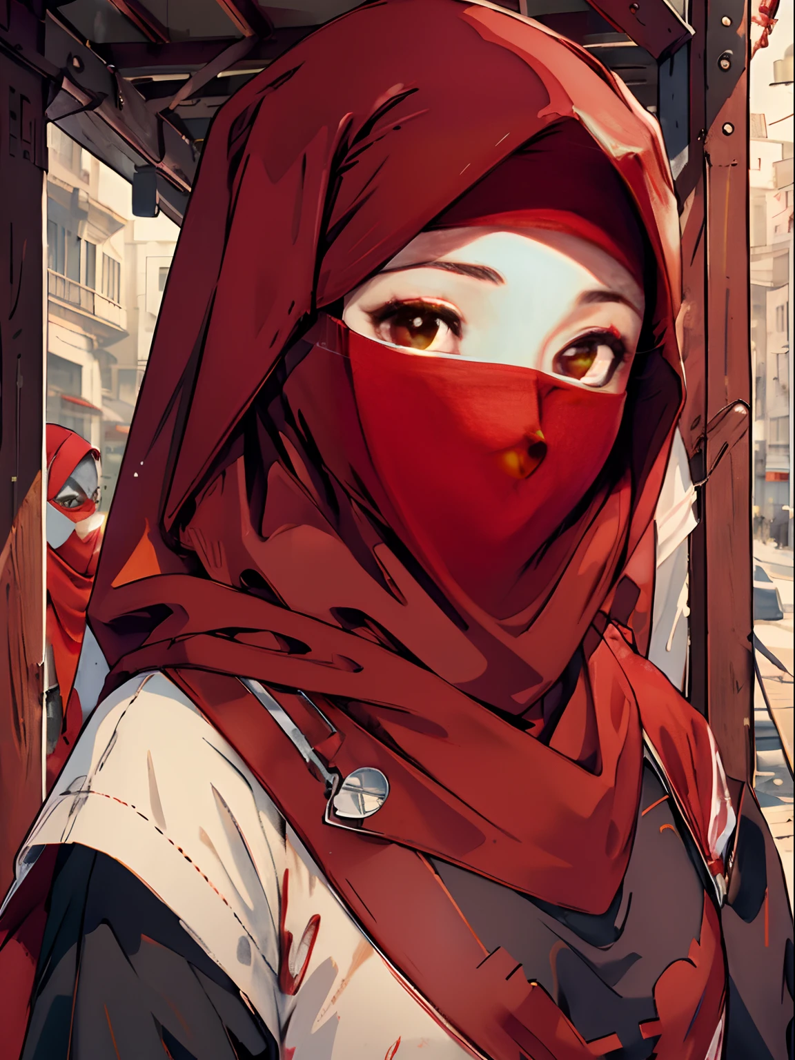 1girl, (red hijab with red mask veil:1.4), ((best quality)), ((masterpiece)), 4k 8k wallpaper,