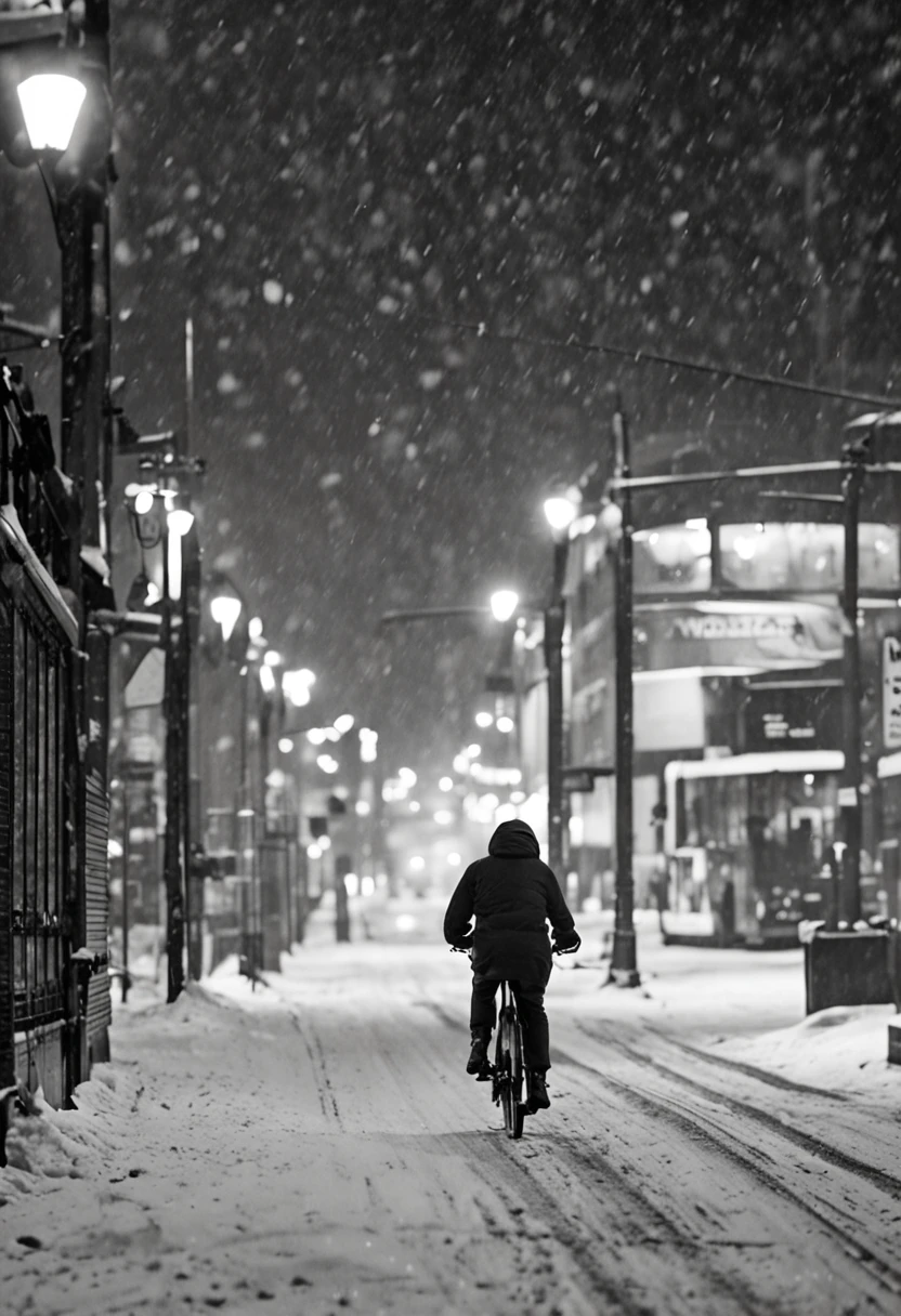 a person riding a bike down a snow covered street, a black and white photo, by Jean Crotti, featured on cg society, art photography, bus station, busy night, syndicate(2012), snowing, tram, stunningly ominous, storm weather, man walking, taken with a canon eos 5 d, nordic summer, an epic love affair with doubt