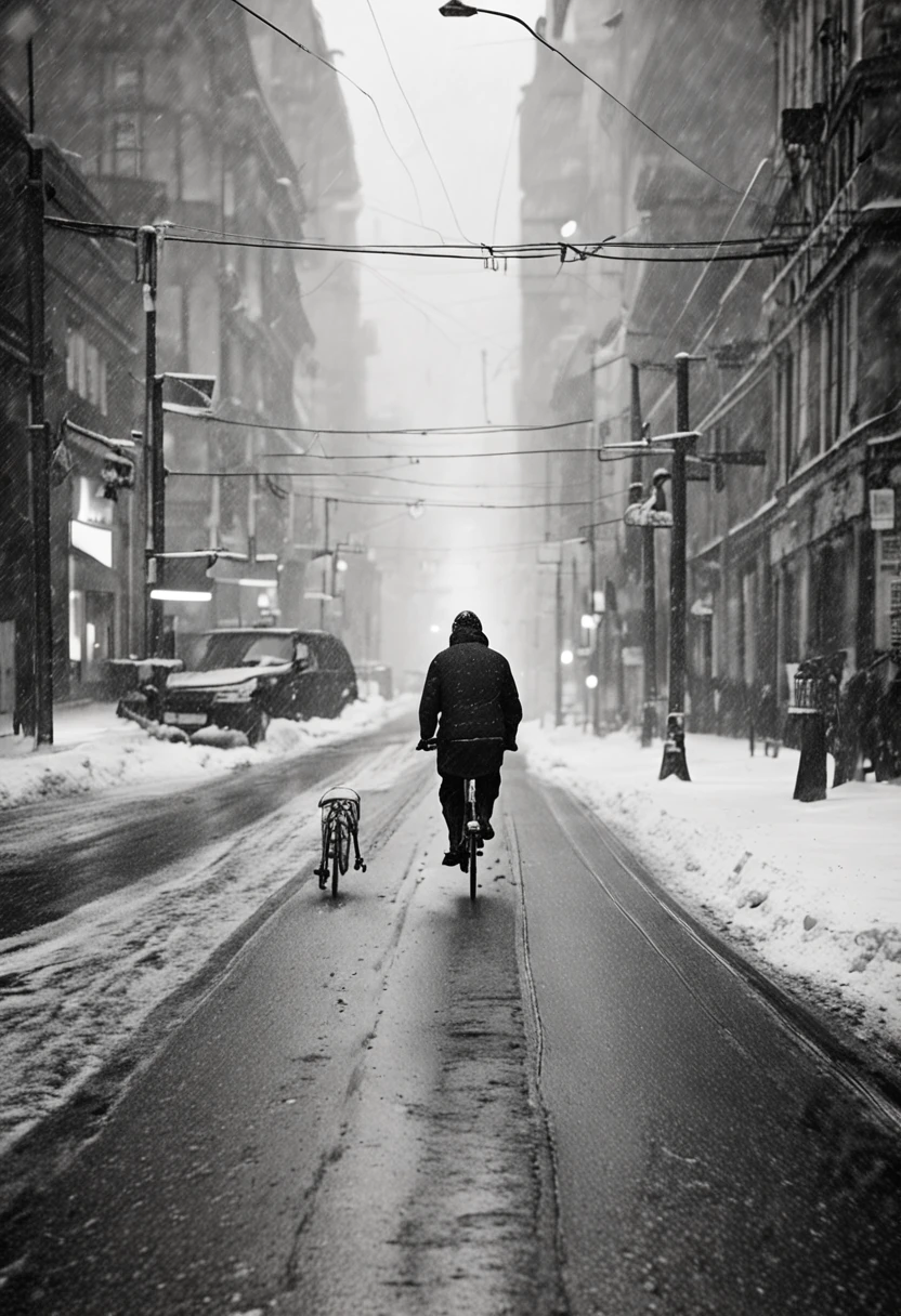 a person riding a bike down a snow covered street, a black and white photo, by Jean Crotti, featured on cg society, art photography, bus station, busy night, syndicate(2012), snowing, tram, stunningly ominous, storm weather, man walking, taken with a canon eos 5 d, nordic summer, an epic love affair with doubt