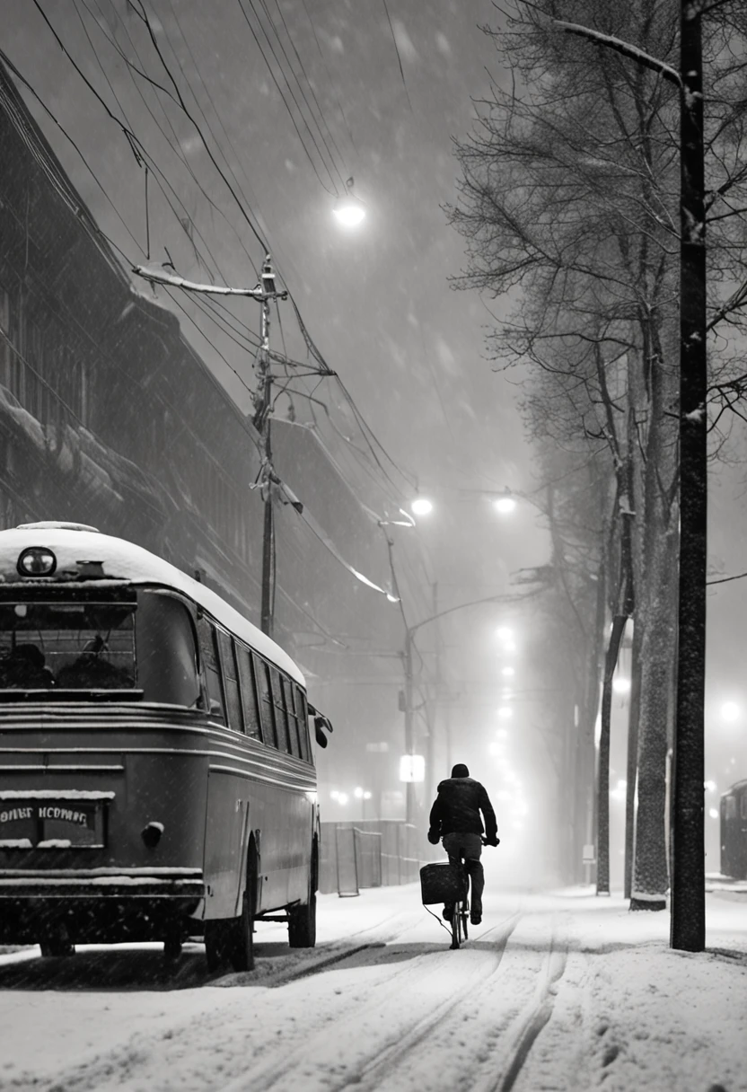 a person riding a bike down a snow covered street, a black and white photo, by Jean Crotti, featured on cg society, art photography, bus station, busy night, syndicate(2012), snowing, tram, stunningly ominous, storm weather, man walking, taken with a canon eos 5 d, nordic summer, an epic love affair with doubt