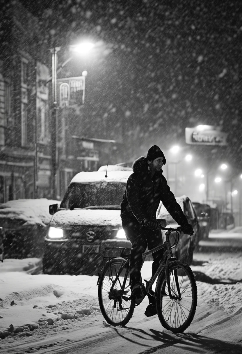 a person riding a bike down a snow covered street, a black and white photo, by Jean Crotti, featured on cg society, art photography, bus station, busy night, syndicate(2012), snowing, tram, stunningly ominous, storm weather, man walking, taken with a canon eos 5 d, nordic summer, an epic love affair with doubt