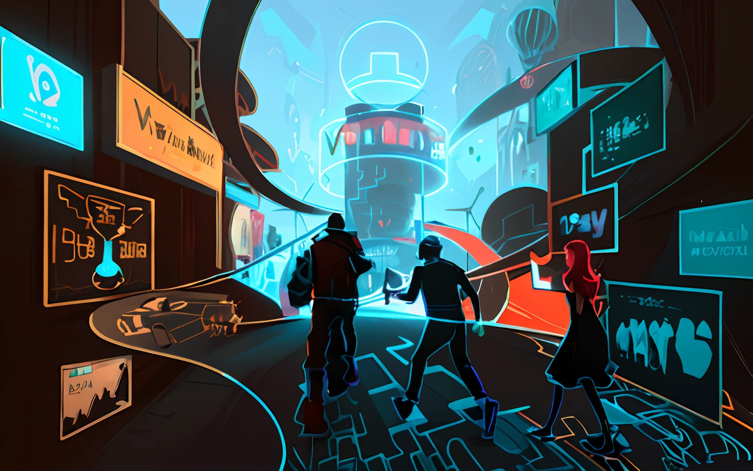 there are people walking through a city street with signs, metaverse concept art, concept illustration, virtual metaverse room, concept art for a video game, concept drawing, concept piece, futuristic street, concept artwork, concept illustartion, virtual reality metaverse engine, stylized digital illustration, commercial illustration, the encrypted metaverse, concept art, concept art