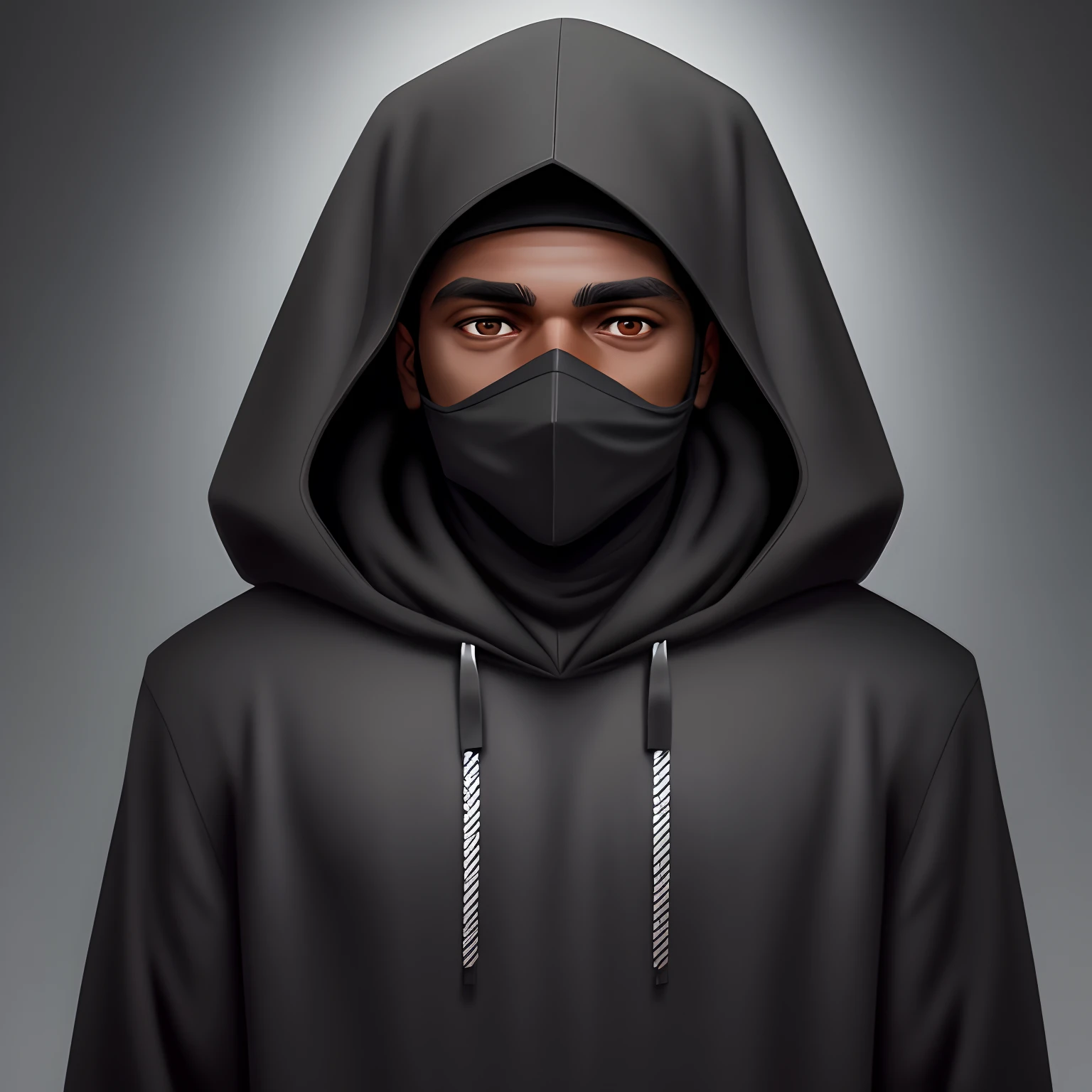 Estilo darkweb Cara de hacker, homem negro(pele morena) de 25 a 30 anos,with black hood over head , fundo obscuro(portanto), realista (4k) vida real