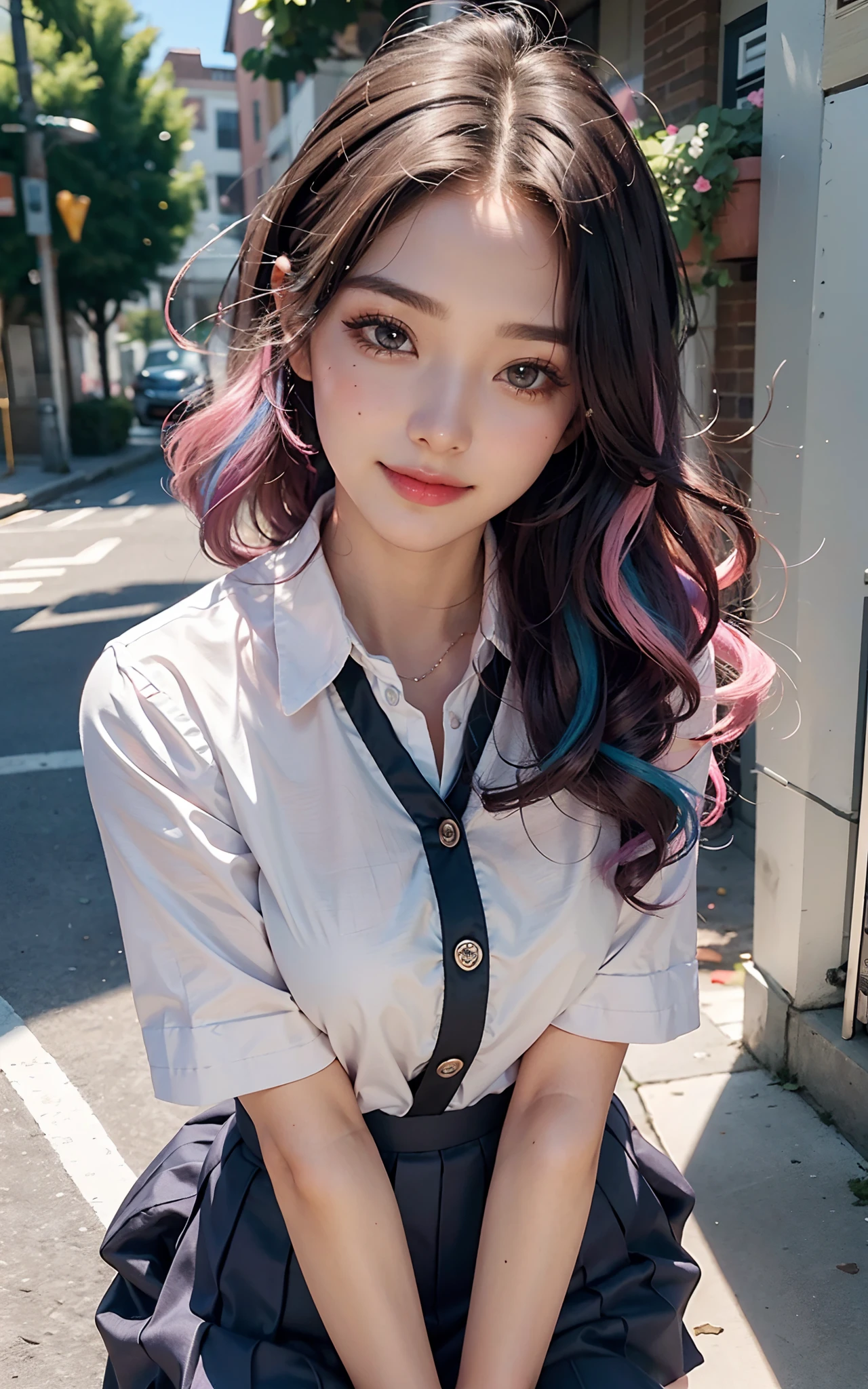 (huge breasts), (18 years old), (Very small head), Daylight, Sunlight, (Perfect Body:1.1), (short wavy hair:1.2, dark brown hair, pink and blue mesh hair), ((FullBody)), (8K), (extremely delicate and beautiful), (MasterPiece), (Best Quality:1.0), (realisitic), Realistic Shadows, (High Resolution:1.0), Detailed skin, Ultra-detailed, Slim body, (Beautiful hair, Real Hair, detailed hairs), blush, Photorealistic, Realistic face, Realistic eyes, Small eyes, Happy smile, (((Colorful))), (eye liner), (mascara), (eye shadow), (high school uniform),