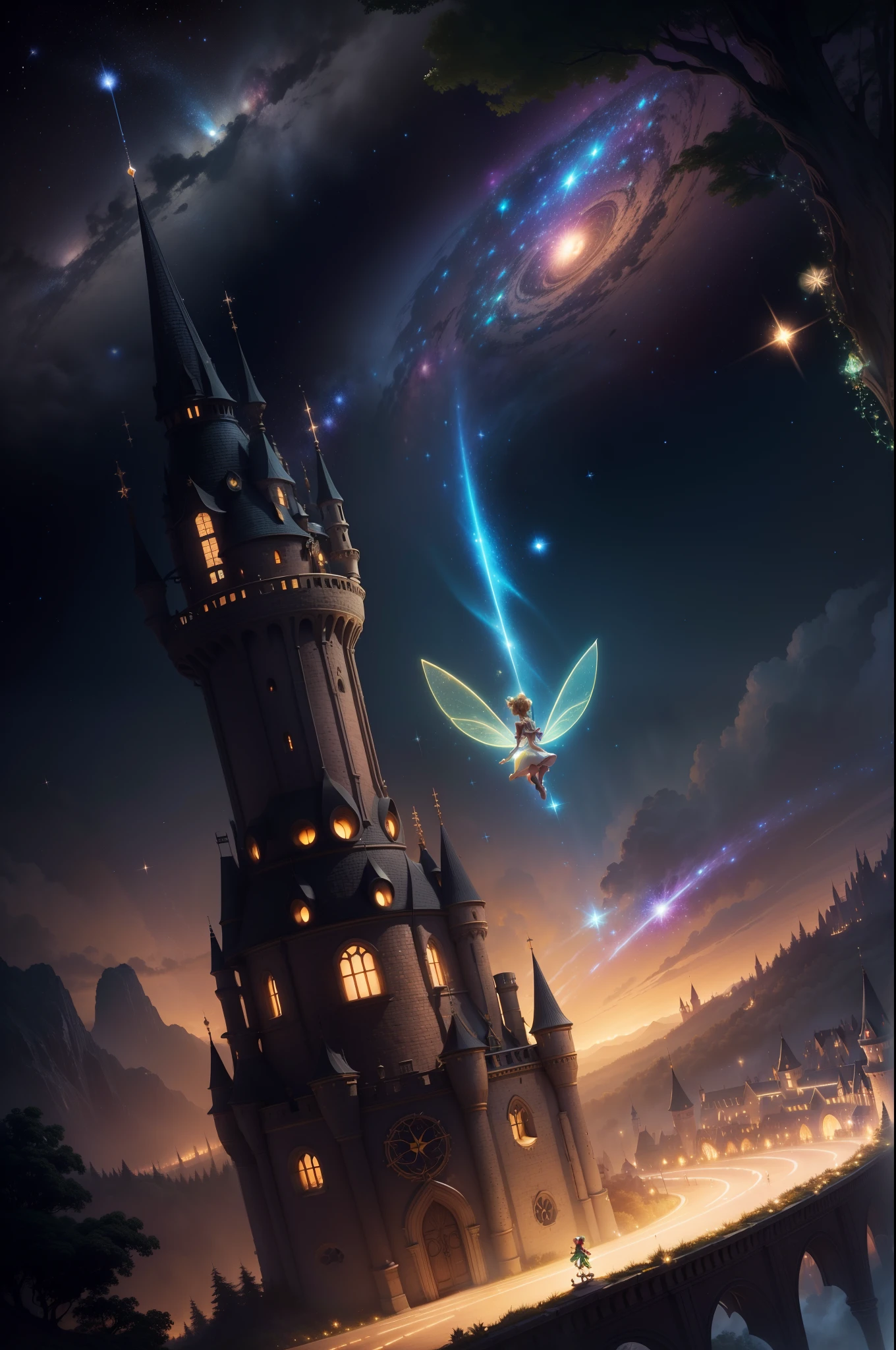 endless winding path lit by spiralling galaxies of stars, (((flying glowing Tinker Bell in the distance))), fairy tale castle in the distance, mystic, arcana, enchanted, three-point perspective, trompe-l'oeil,perfecteyes
