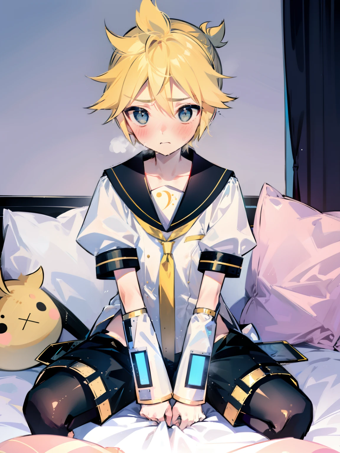 Best quality, super precision, A boy with, (Tik_kagamine), blond hairbl, Shota, cowlick, on top of the bed, Character focus, Black  shorts, Sailor uniform, Your cute boyfriend, Innocent, Slender, Sitting, Blush, Embarrassed, Shy, sexual pleasure, (NSFW), touch crotch, (Sex life), O-shaped face, ahegao