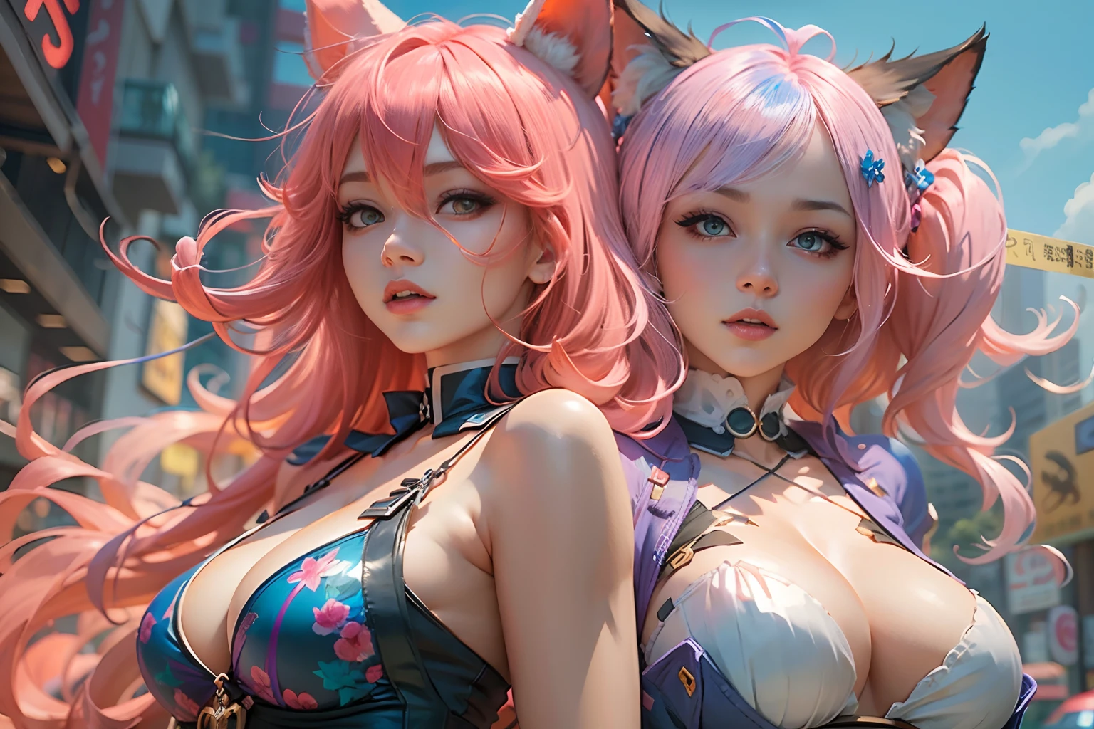 anime - style image of two women with pink and blue hair dressed in red and blue corset, posing in Akihabara for a foto shooting, Captured from worm's eye view, 4 meters distance to viewer, wlop and sakimichan, attractive cat girl, artwork in the style of guweiz, fantasy art style, 2. 5 d cgi anime fantasy artwork, fanart best artstation, by Yang J, trending on cgstation, wlop and ross tran, guweiz