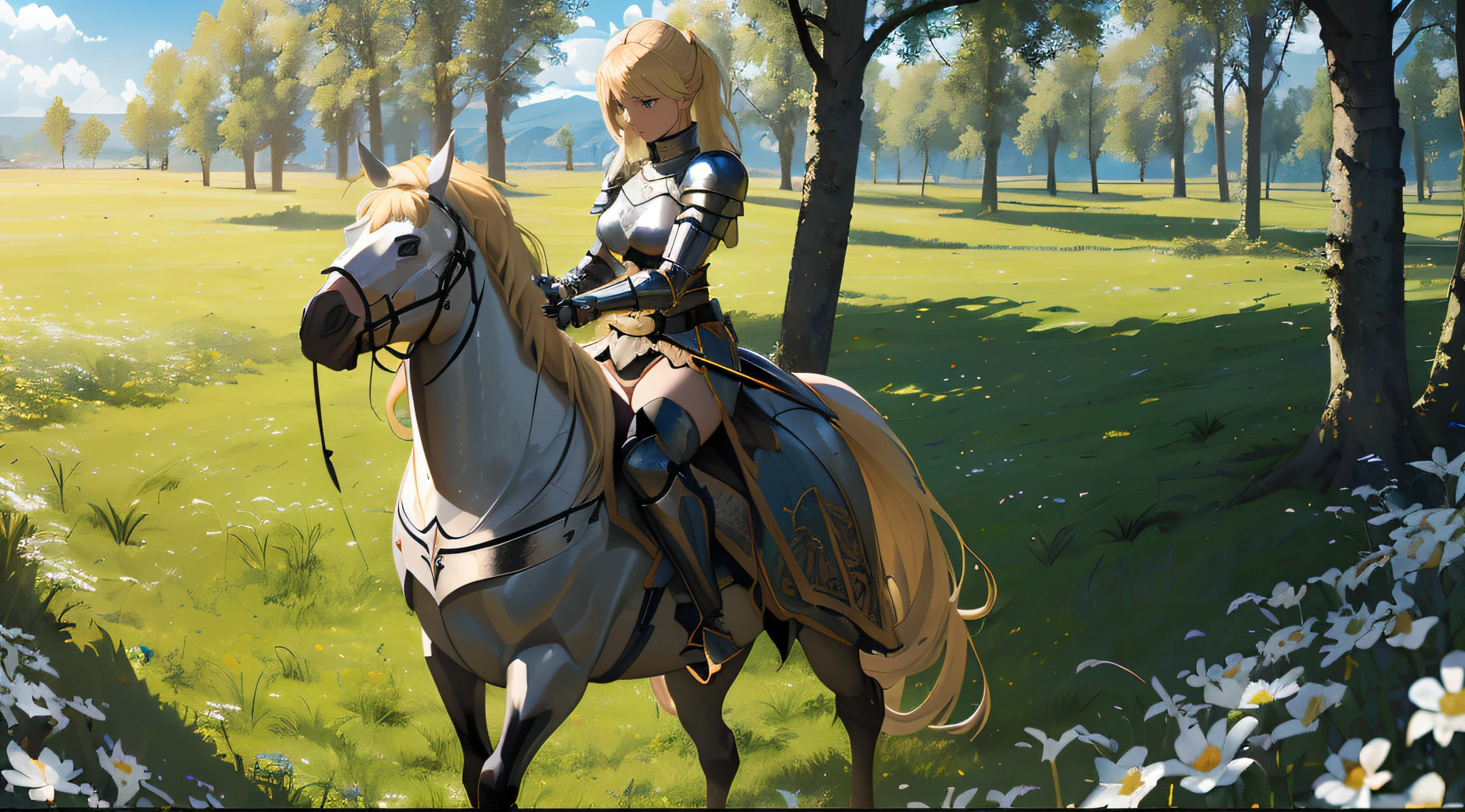 A beautiful and mighty blonde female knight is holding her sword and preparing herself for a great battle with her enemies It was surrounding her in a flat land of grass and trees in the background, sunny day, sunlight, wide-angle camera, panoramic view, high definition, ultra resolution, intricate details, volumetric light, dynamic composition, masterpiece