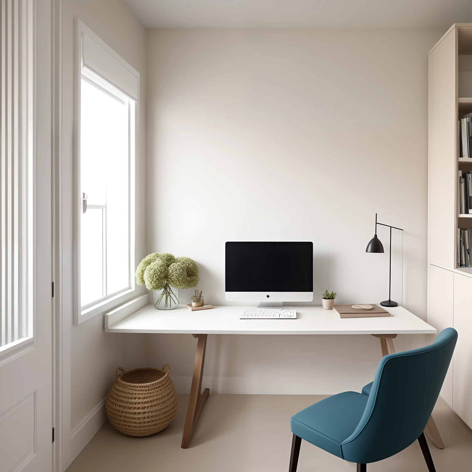 "Imagine a workspace with neutral and sophisticated colors, linhas limpas e armazenamento arrumado, providing a sense of elegance and concentration for everyday tasks."
