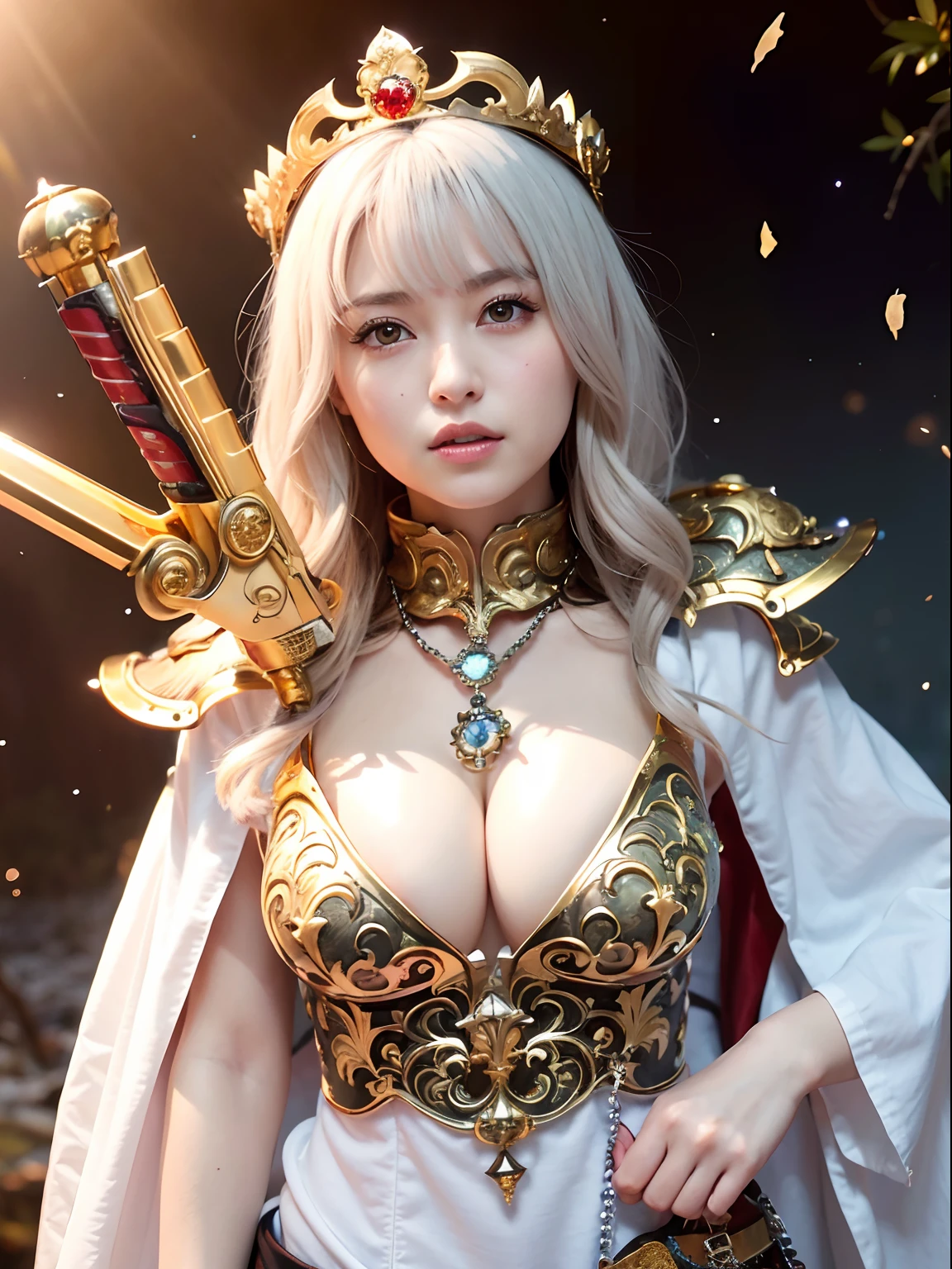 (masutepiece), Professional , masterpiece、top-quality、photos realistic , depth of fields (Gemstone White Metal Body:1.9),(Matte White、Jewel Gold Weapon(Jewel Metal Body:1.4),Gorgeous metal weapons ,(( Detailed and gorgeous sword of the brave)) , Beautiful knife ,warhammer 40k , adepta sororitas,Detail and ornate jewel crown、((Micro Bikini Armor))、((Gangle's forest background))、Beautiful Caucasian beauty、1a person、dynamic ungle,(((Detailed and ornate diamond crown)))、Smaller head、A smile、Background inside the castle、Thin and beautiful female hands、cleavage of the breast、Soldier in iron armor on background、Mystical expression、Light Effects、intense fighting、Wind-effect、magic circles、With the legendary magic wand、(wings of light)、Toostock、Anatomically correct body、