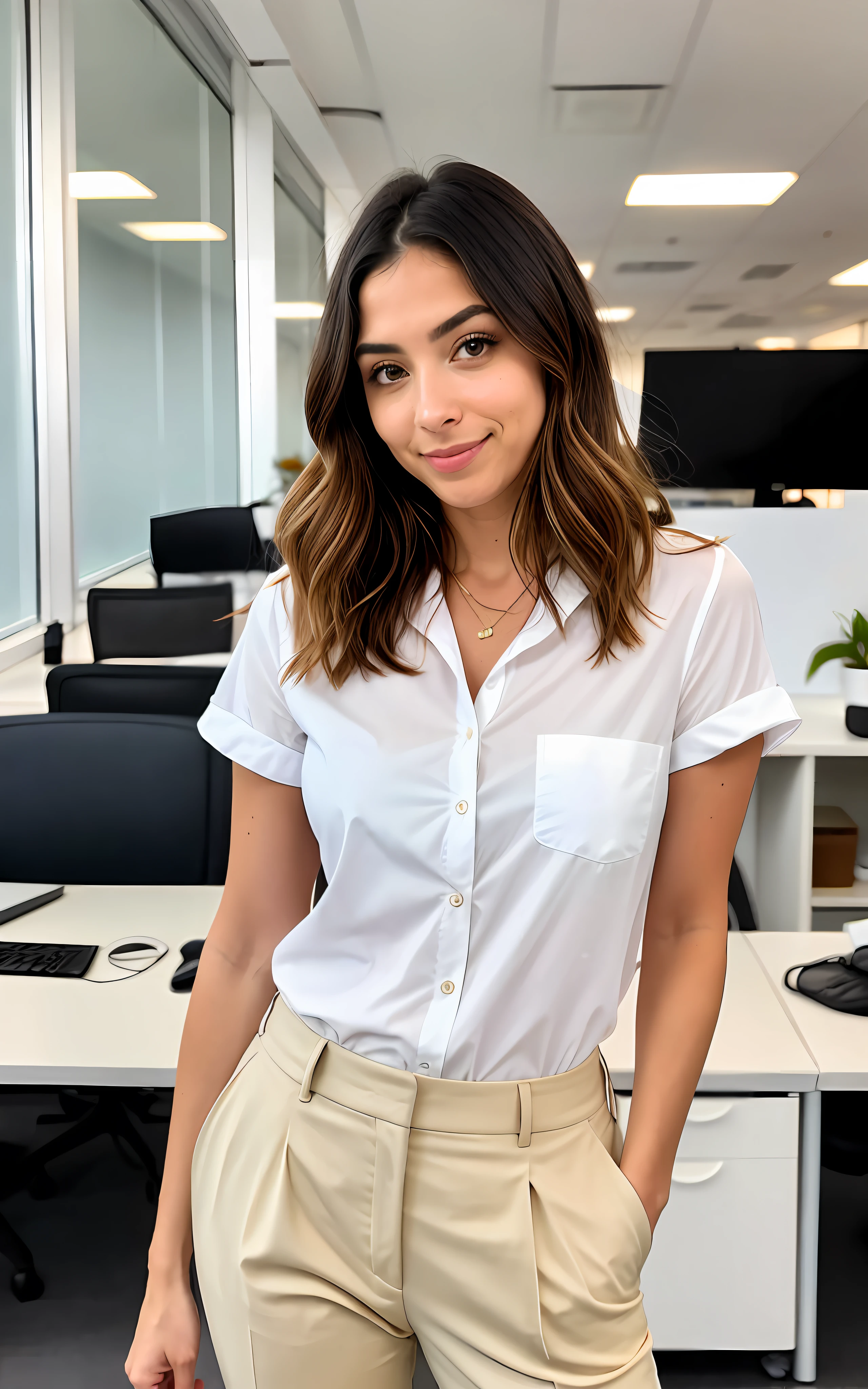 Woman with a white shirt and tanned pants, business outfit, casual business clothes, vestindo roupas casuais elegantes, office clothes, usando uma blusa social branca, vestindo uma blusa branca, vestindo uma roupa elegante, foto da roupa, beige pants, roupa intrigante, Business Clothes, roupa de moda, tons bege , vestindo uma camisa branca, linda morena (in an office of a multinational high-end company), muito detalhado, 21 anos, rosto inocente, cabelo ondulado natural, cabelo longo escuro, cabelo escuro, olhos azuis, alta resolução, obra-prima, melhor qualidade, detalhes intrincados, altamente detalhado, Clear focus, pele detalhada, textura de pele realista, textura, olhos detalhados, profissional, 8k, filmado em Canon, 85mm, profundidade de campo rasa, kodak vision color, corpo de ajuste perfeito, extremamente detalhado, foto_\(ultra\), fotorrealista, realista, Post-processing, maximum detail, aspereza, vida real, ultra realista, fotorrealismo, fotografia, 8k uhd, fotografia