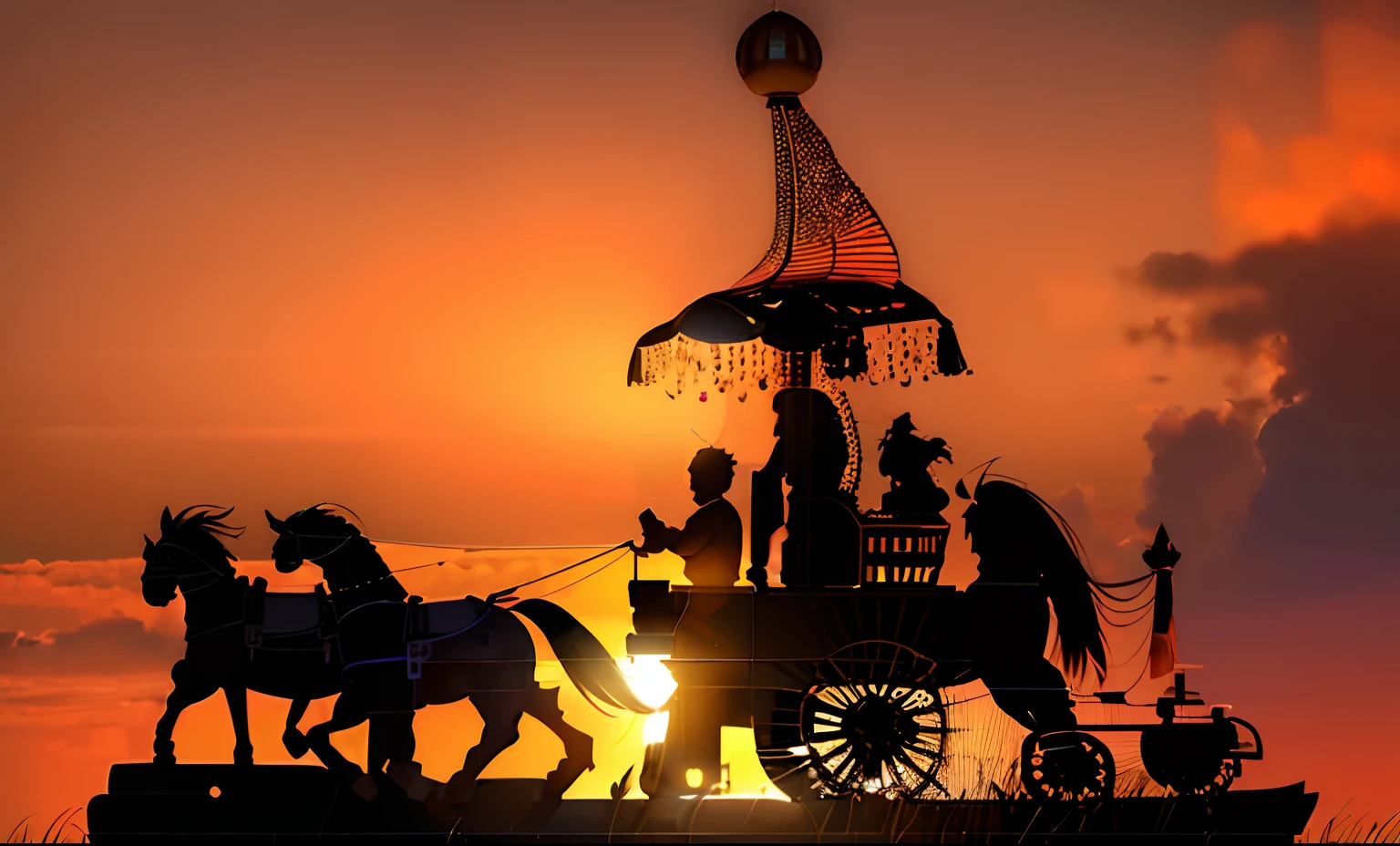 sunset behind a statue of a man on a horse drawn carriage, godrays at sunset, chariot, beautiful godrays, by Jitish Kallat, showpiece, silhouette!!!, by Bholekar Srihari, by Sudip Roy, by Marie Bashkirtseff, by Odhise Paskali, by Shekhar Gurera, at sunrise