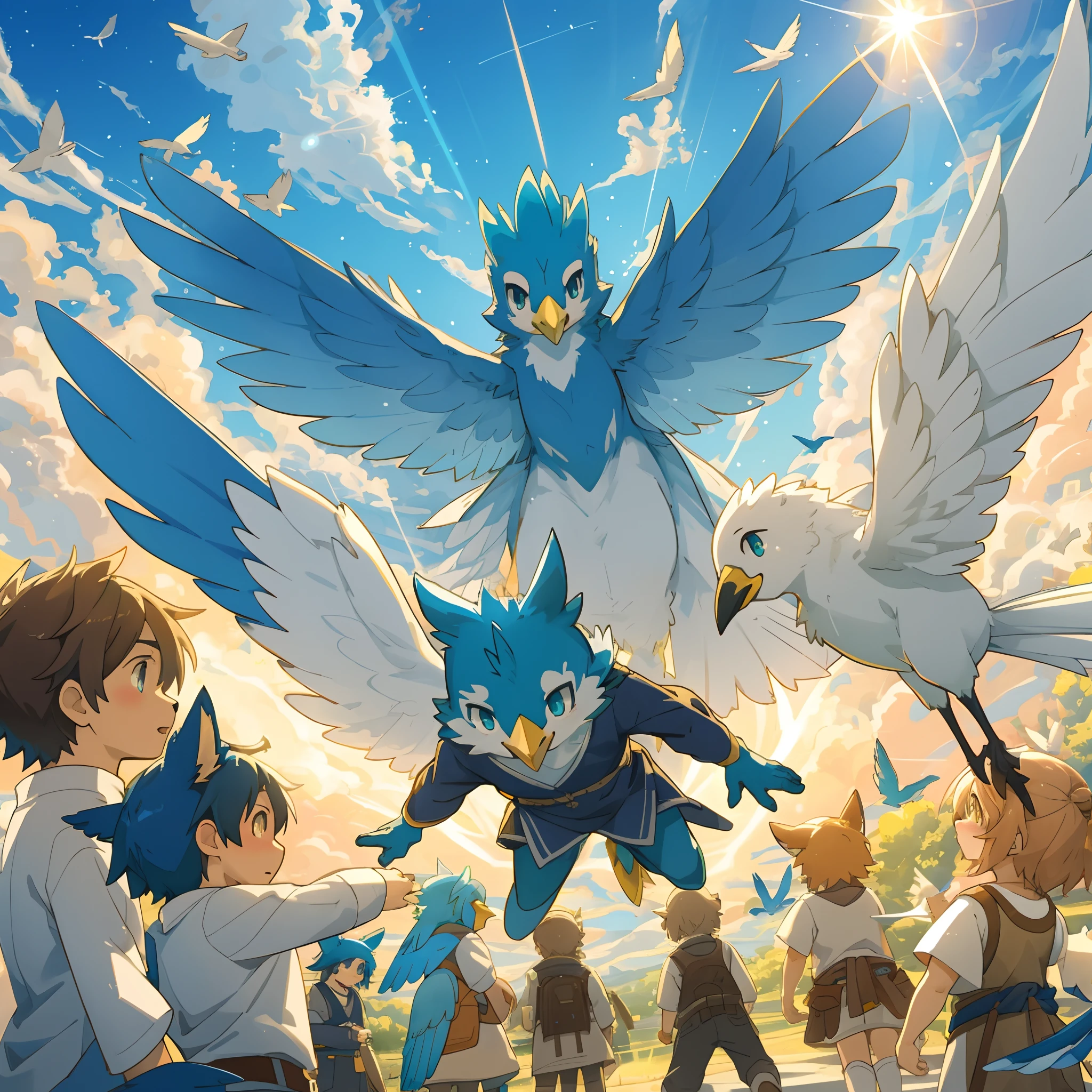 top quality, best quality, High-quality illustrations, masterpiece, super high resolution, detailed background, Blue sky((movie of bird creatures and human child)), 6+boys, 6+girls, absurdres(highly detailed beautiful face and eyes)perfect anatomy, expression, caustics, light rays, dynamic lighting, light particles, lens flare, cinematic shadow(kemono, furry anthro)assorted poses, dynamic angle,