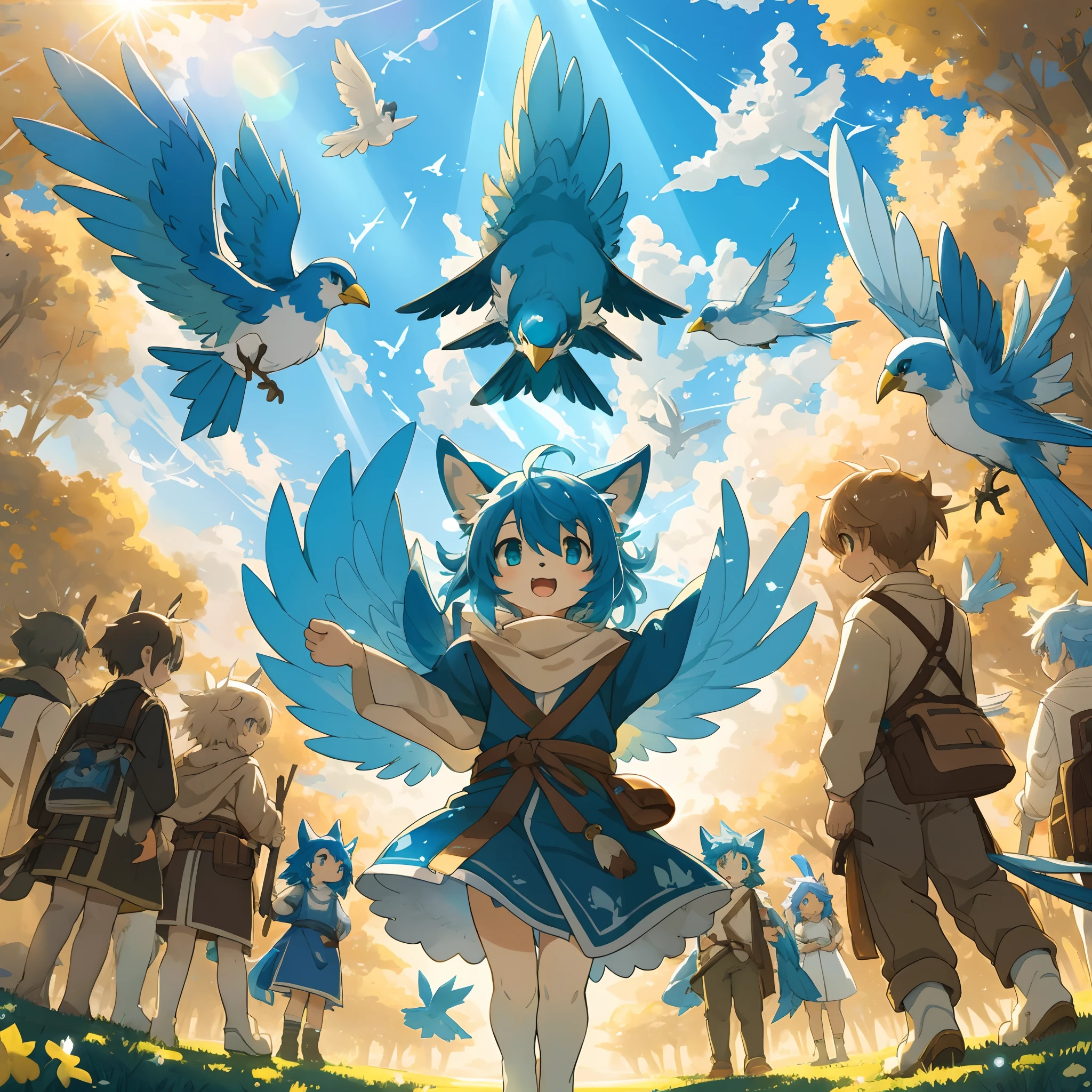 top quality, best quality, High-quality illustrations, masterpiece, super high resolution, detailed background, Blue sky((movie of bird creatures and human child)), 6+boys, 6+girls, absurdres(highly detailed beautiful face and eyes)perfect anatomy, expression, caustics, light rays, dynamic lighting, light particles, lens flare, cinematic shadow(kemono, furry anthro)assorted poses, dynamic angle,