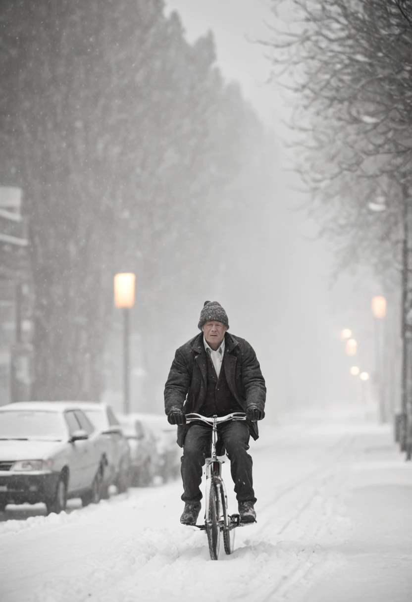 a person riding a bike down a snow covered street, a black and white photo, by Jean Crotti, featured on cg society, art photography, bus station, busy night, syndicate(2012), snowing, tram, stunningly ominous, storm weather, man walking, taken with a canon eos 5 d, nordic summer, an epic love affair with doubt,captured by Sony Alpha a7 Illcamera with Sony FE 24-105mm f/4 G OSS lens*