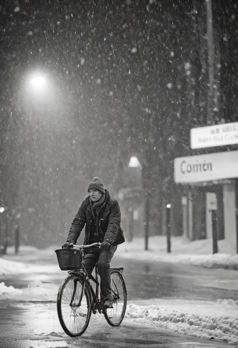a person riding a bike down a snow covered street, a black and white photo, by Jean Crotti, featured on cg society, art photography, bus station, busy night, syndicate(2012), snowing, tram, stunningly ominous, storm weather, man walking, taken with a canon eos 5 d, nordic summer, an epic love affair with doubt,captured by Sony Alpha a7 Illcamera with Sony FE 24-105mm f/4 G OSS lens*