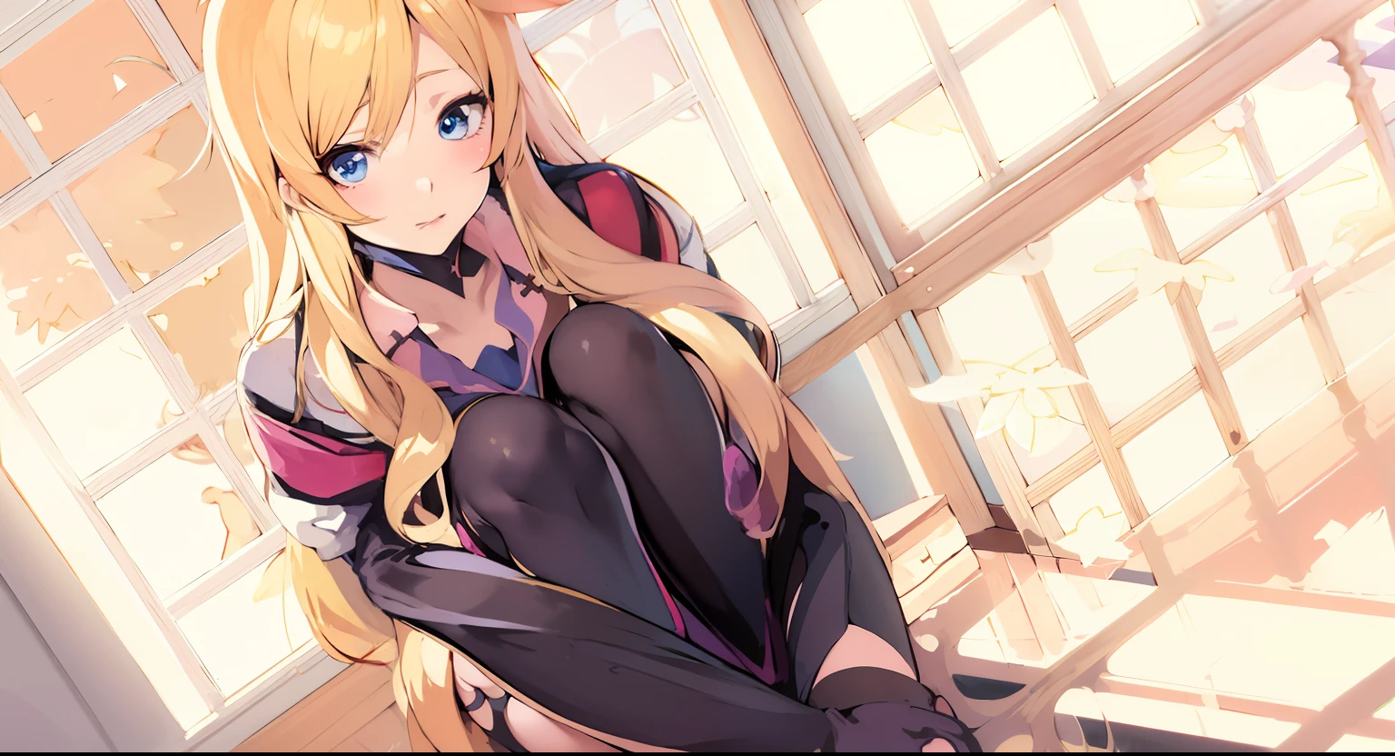 Anime girl sitting cross-legged on the floor, seductive anime girl, beautiful anime girl squatting, the anime girl is crouching, blonde anime girl with long hair, beautiful alluring anime woman, attractive anime girl, beautiful anime girl, anime best girl, at pixiv, ecchi anime style, painted in anime painter studio, High-definition anime art, anime goddess