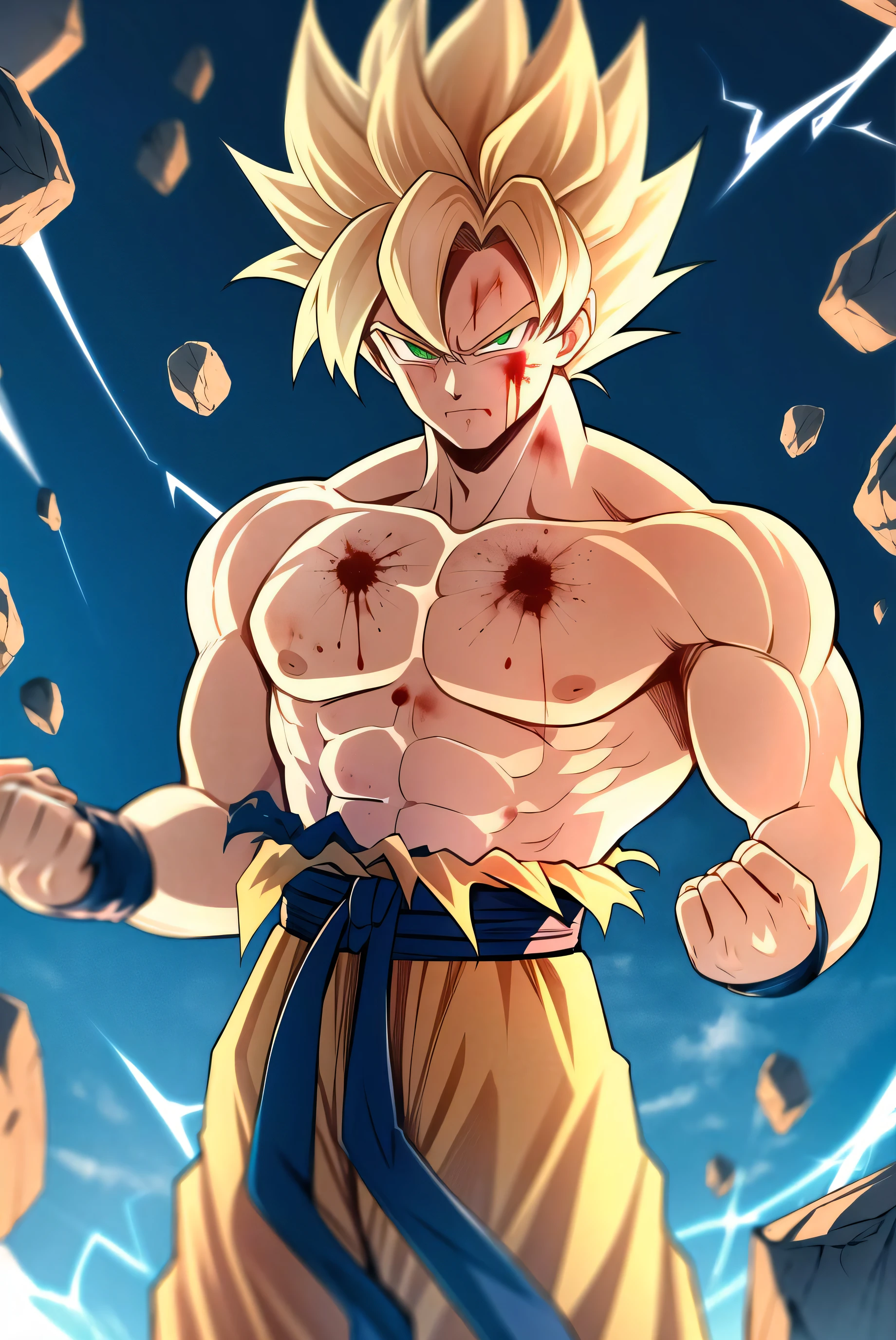 son goku, 1boy, artist name, biceps, blonde hair, blood, blood from mouth, blue sash, blue wristband, clenched hands, closed mouth, collarbone, dougi, electricity, energy, floating rock, frown, green eyes, looking at viewer, male focus, muscular, muscular male, pectorals, ribs, rock, sash, scratches, serious, solo, spiked hair, super saiyan, super saiyan 1, topless male, torn clothes, v-shaped eyebrows, wristband, ((masterpiece))