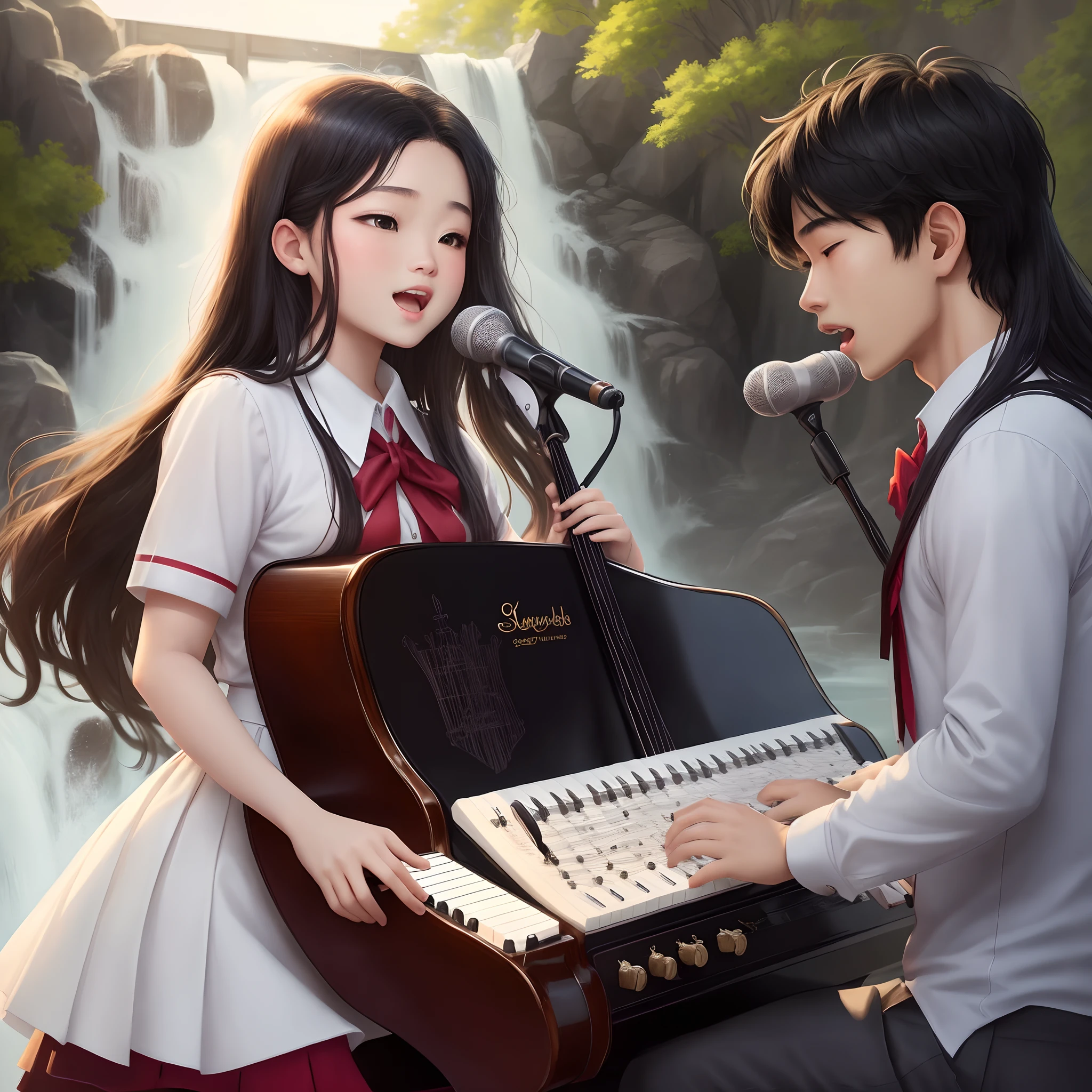 I want a background a music score one two teenager a 17 year old girl singer light skin and an 18 year old boy long hair wearing asian school uniform light skin black hair A dreamy representation of a melodic singer serenading amid a cascade of enchanting musical notes.