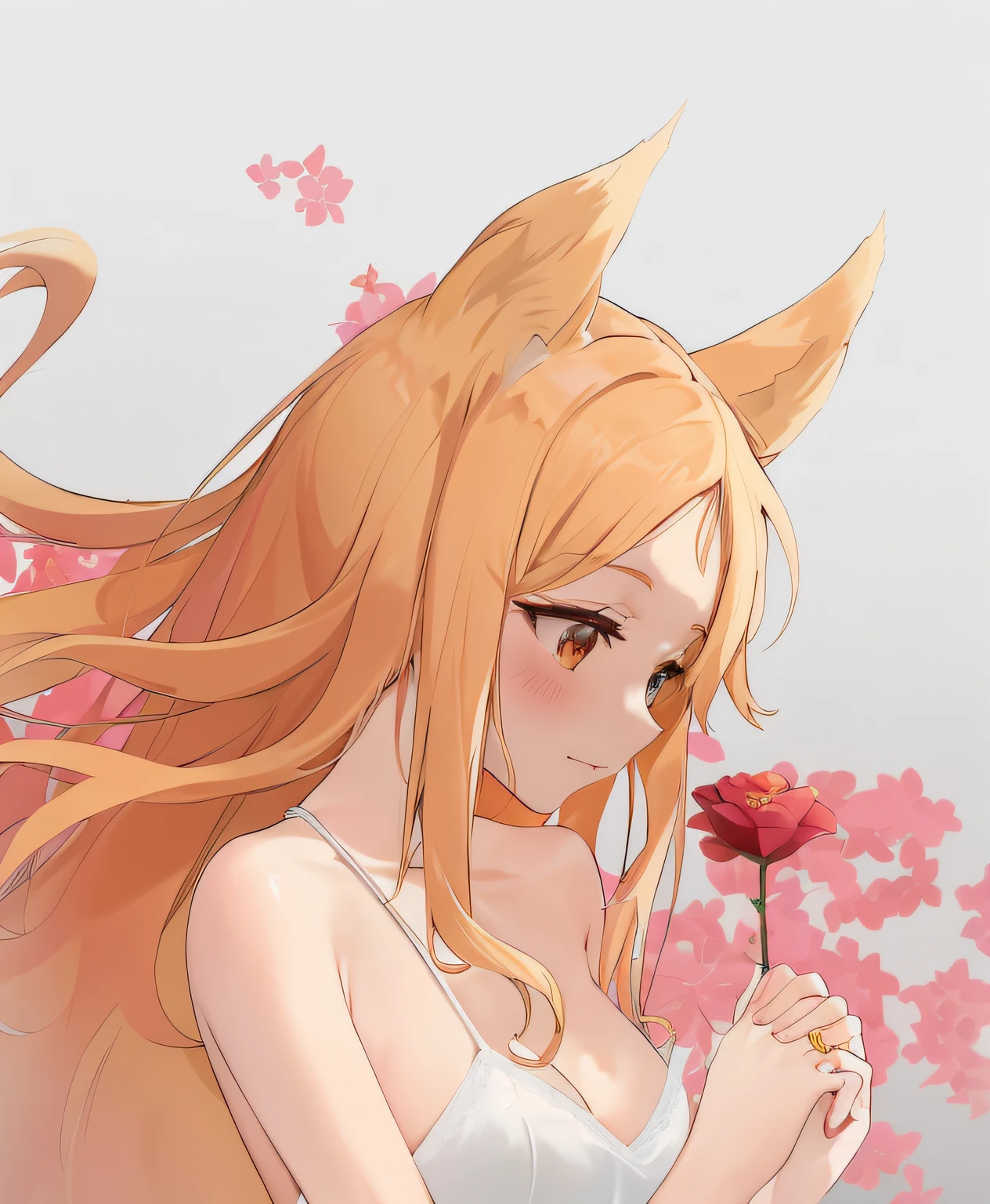 Anime girl with long blonde hair holding a flower in her hand, beautiful anime catgirl, Holo is a wolf girl, a beautiful fox lady, Girl with fox ears, Very beautiful anime cat girl, cute anime catgirl, drawn in anime painter studio, fox nobushi, anime girl with cat ears, Kitsune, anime catgirl, Fox ears, ahri