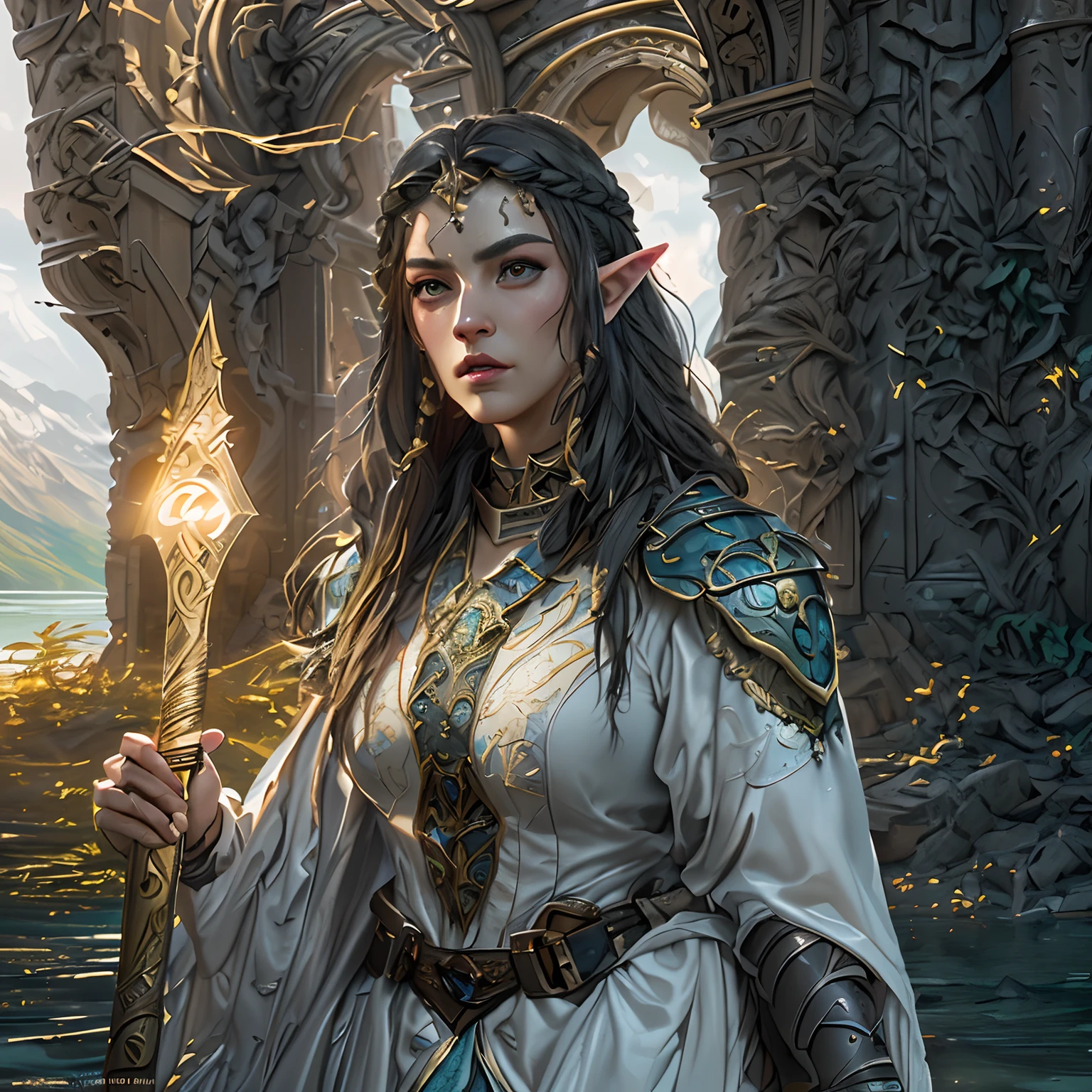 arafed, high details, best quality, 8k, [ultra detailed], masterpiece, best quality, (extremely detailed), dynamic angle, ultra wide shot, RAW, photorealistic, fantasy art, d&d art, a wide angle picture of a half elf cleric in  a temple near the lake, female, half elf (Masterpiece 1.5, intense details), black haired, green eyes, braided hair, long hair (Masterpiece, intense details), [small pointed ears], cleric, templar (1.3 Masterpiece, intense details dnd art), ultra detailed face, casting a spell (1.4 Masterpiece, intense details dnd art), wearing white plate mail armor with sigils ( 1.5 Masterpiece, intense details) GlowingRunes_paleblue, carrying flaming sword (Masterpiece 1.5, intense details), wearing white cloak with sigils (Masterpiece 1.4, intense details), holy symbol, standing near a lake (Masterpiece 1.5, intense details), dawn light, backlight, dynamic angle, reflection (1.5 Masterpiece, intense details) glowing light, high details , ray tracing, reflection light, silhouette, wide shot, panorama, Ultra-Wide Angle, high detail, award winning, best quality, HD, 8K, 3D rendering, high details, best quality, highres, ultra wide angle, 3D rendering, [[anatomically correct]]