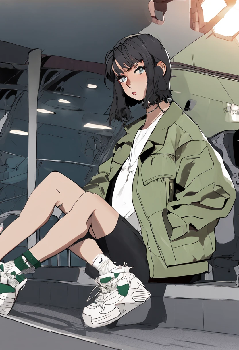 Girl with long hair and bangs (black hair), she is wearing a black top and black sports shorts (as a set), also wears a green transparent coat. She wears small (black) earrings, a black choker, a black ring on her index finger, and is wearing white sneakers. She is in front of a jet, in a private airport.