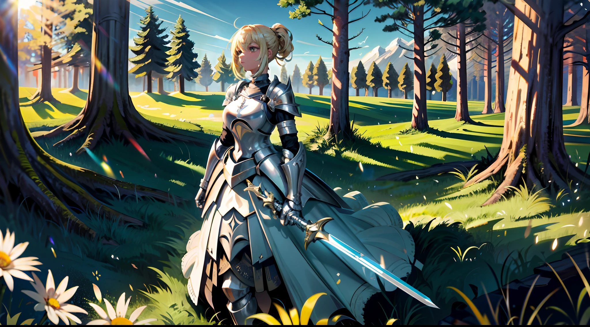 A beautiful and mighty blonde female knight is holding her sword and preparing herself for a great battle with her enemies It was surrounding her in a flat land of grass and trees in the background, sunny day, sunlight, wide-angle camera, panoramic view, high definition, ultra resolution, intricate details, volumetric light, dynamic composition, masterpiece