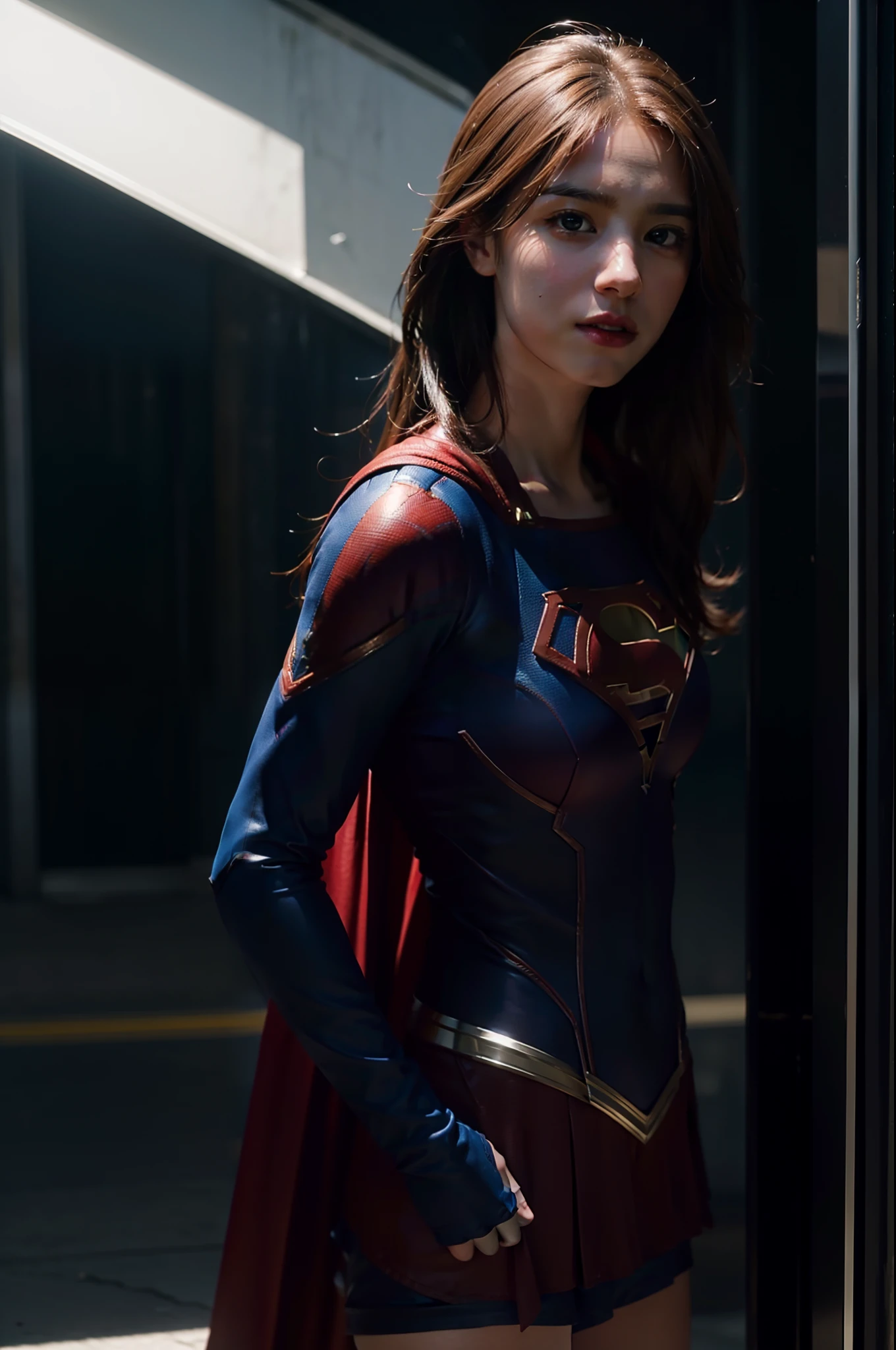 Ultra Realistic Supergirl with new suit, Cinematic scene, 8k, motion blur going.